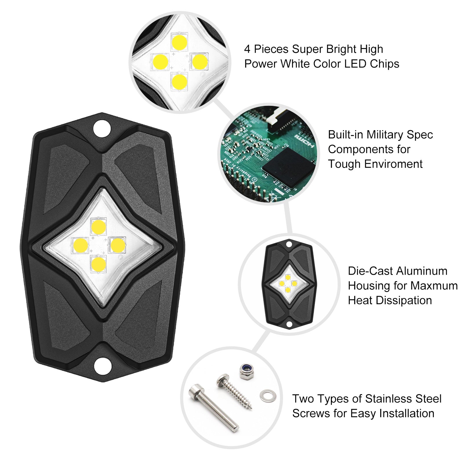 RLW-6 - IP68 Waterproof White LED Rock Lights 6 Pods, Under-glow White LED Light for Car Truck ATV UTV Suv Off-road Boat Motorcycle Vehicle, Under Body Glow Light Lamp Trail Fender Lighting