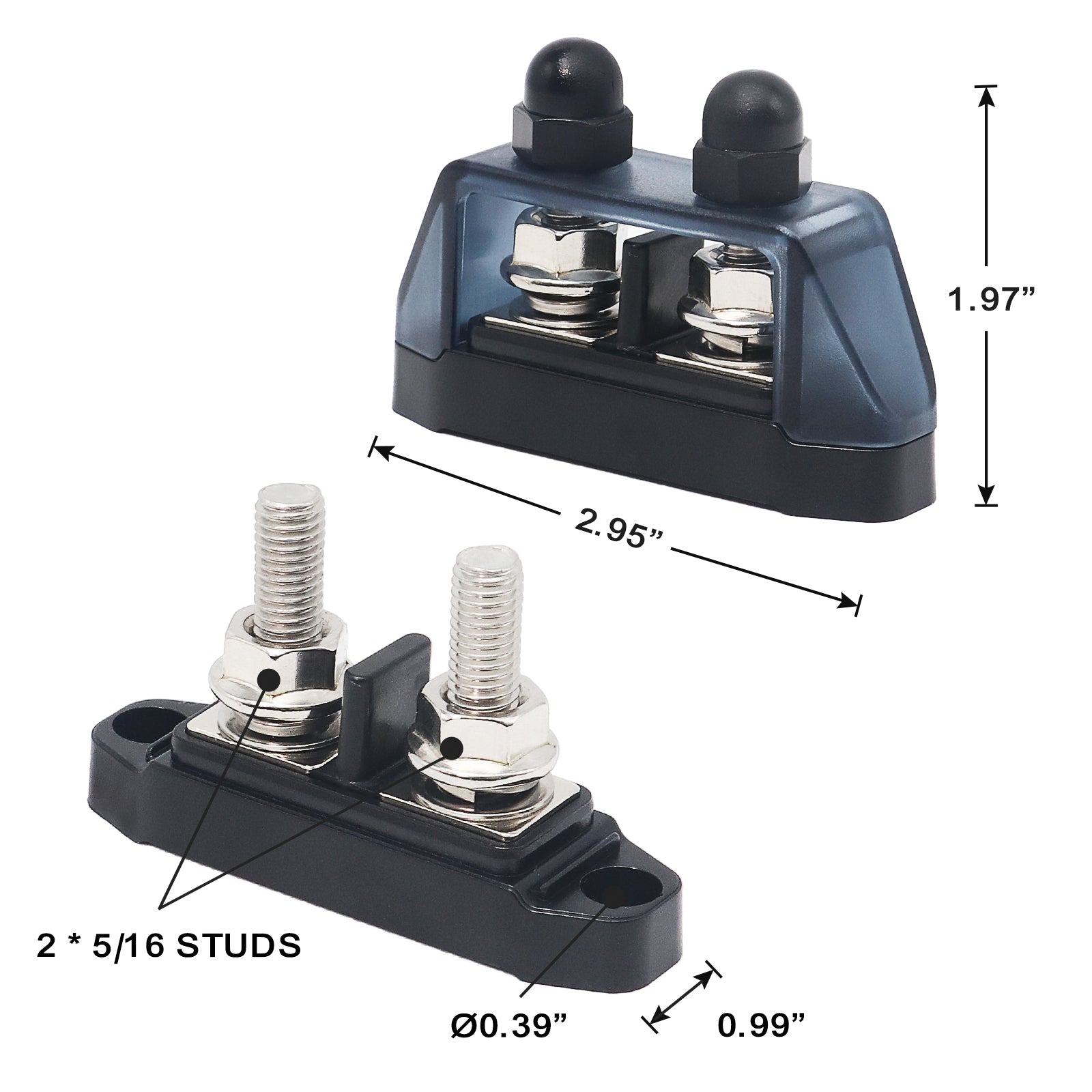 S2P-516 - Insulated 2 Position Busbar 2 X 5/16” Studs Terminals Power Distribution Block with Ring Terminals