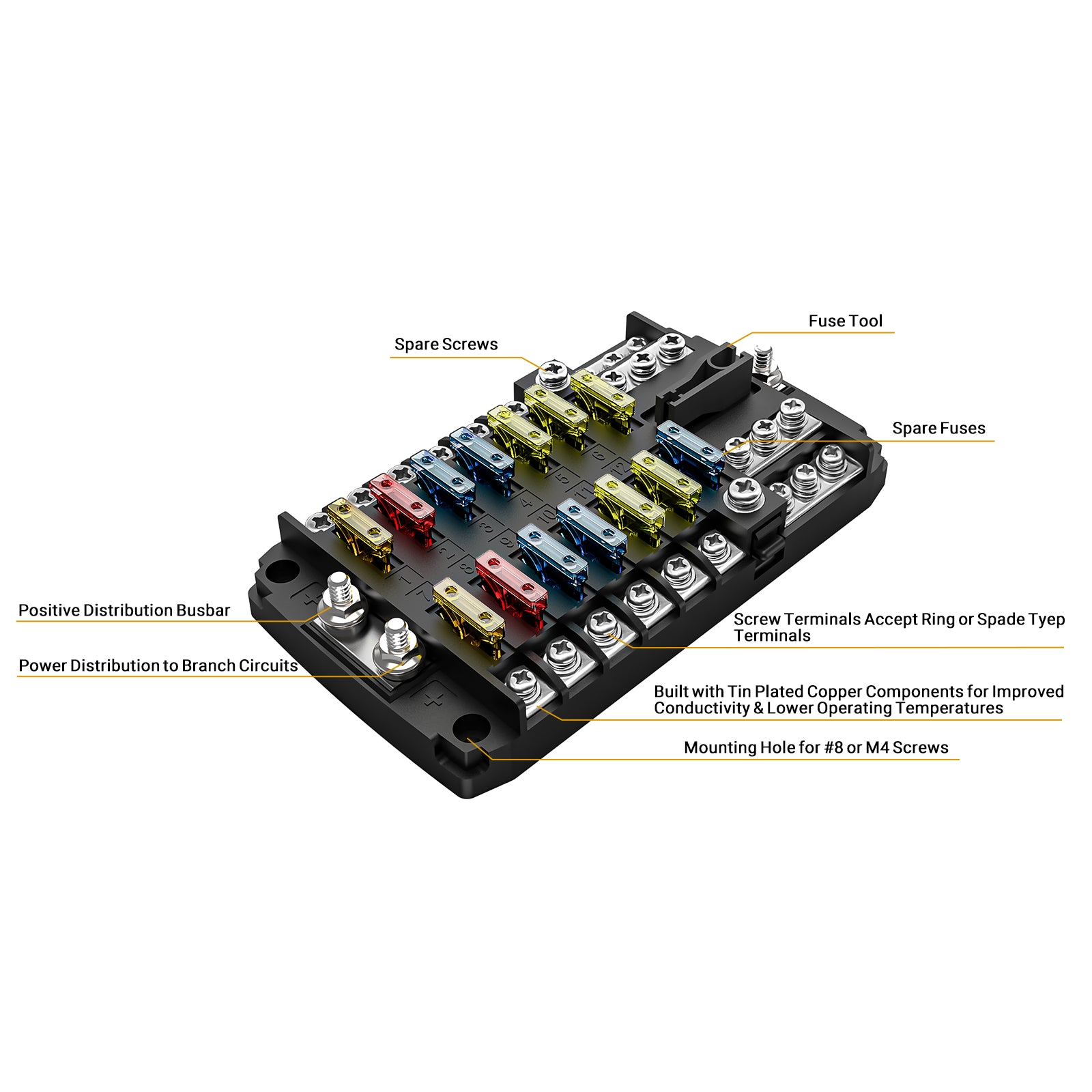 AFG12 - 12-way Atc/ato Fuse Block with Negative Busbar, 12-circuit Power & Ground Combo Block for Car RV Truck Boat Utv/atv, Bolt Terminals, 24pcs Fuses, Screws, Fuse Tool & Sticker Labels
