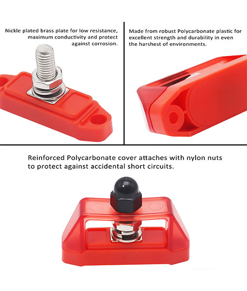 S1P-38 - Busbar Single 3/8” Studs Power Distribution Block with Ring Terminals Pair (red & Black)