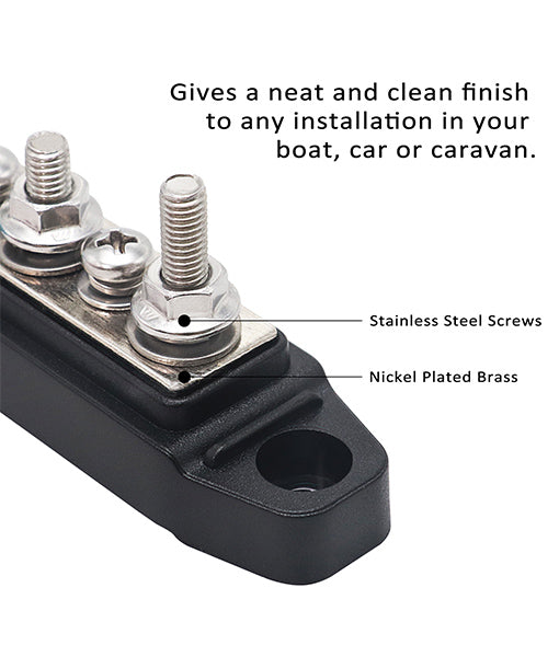 BBS43-P - Bus Bar 4 X 1/4” Studs, 3 X #8 Screw Terminals Power Distribution Block with Ring Terminals (pair Red & Black)