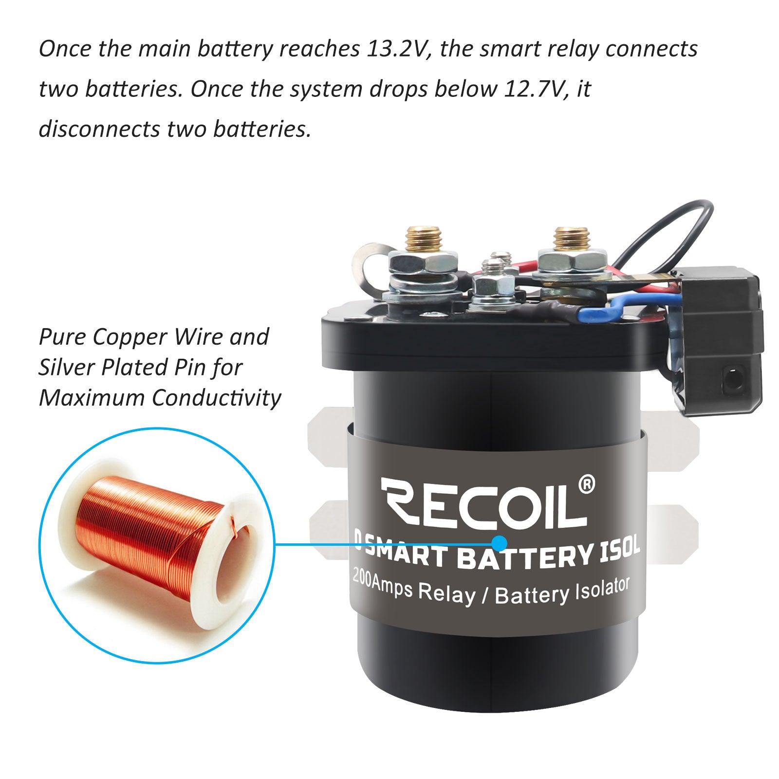 SRL200 - Microprocessor Controlled 200a Smart Battery Isolator and High Current Starter Relay, Dual Sensing Smart Relay, with Ring Terminals
