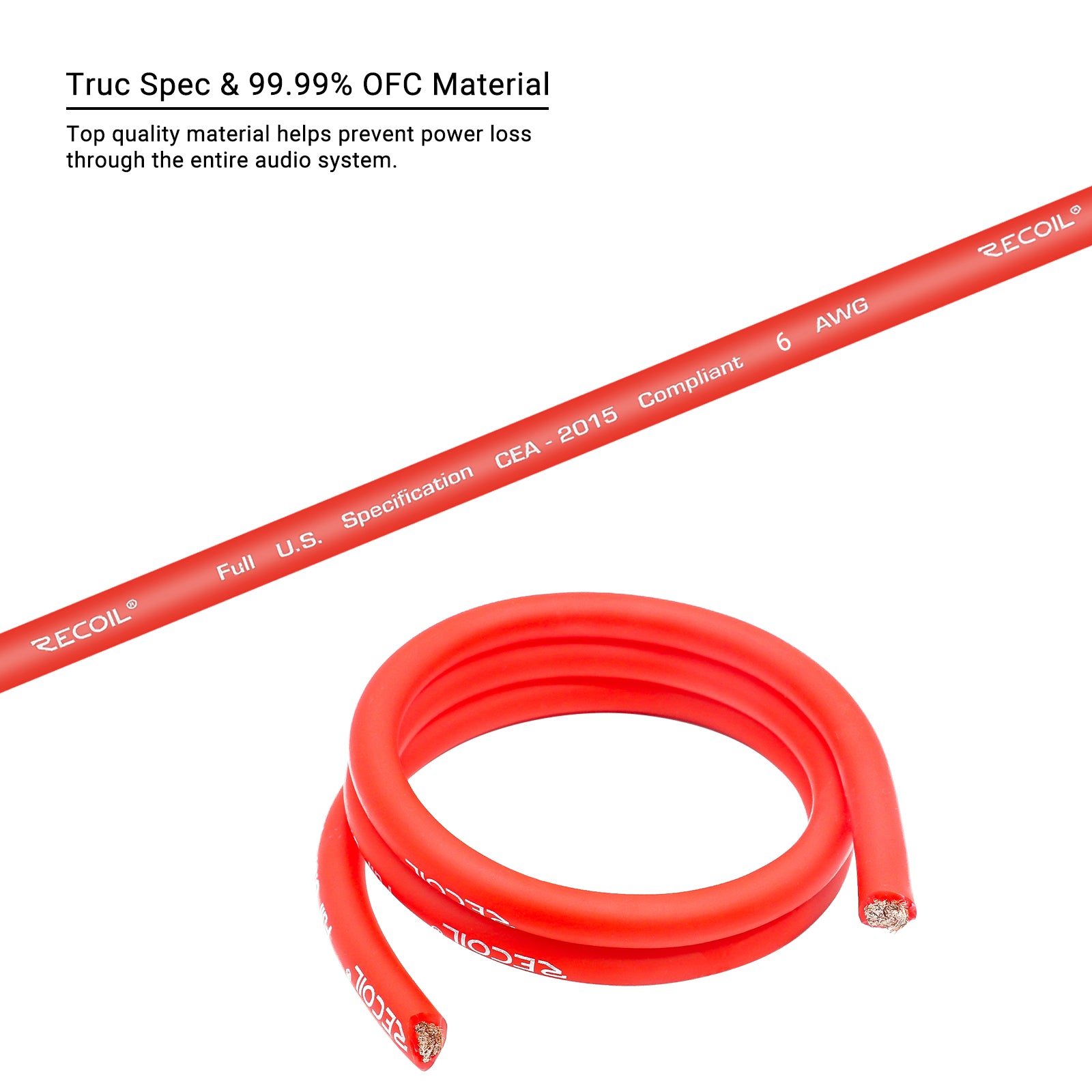 PW6-125 - Premium True Spec 6 Gauge Power Wire, 99.9% Oxygen-free Pure Copper , Flexible Soft Touch Red PVC Jacket (125 Feet/spool)
