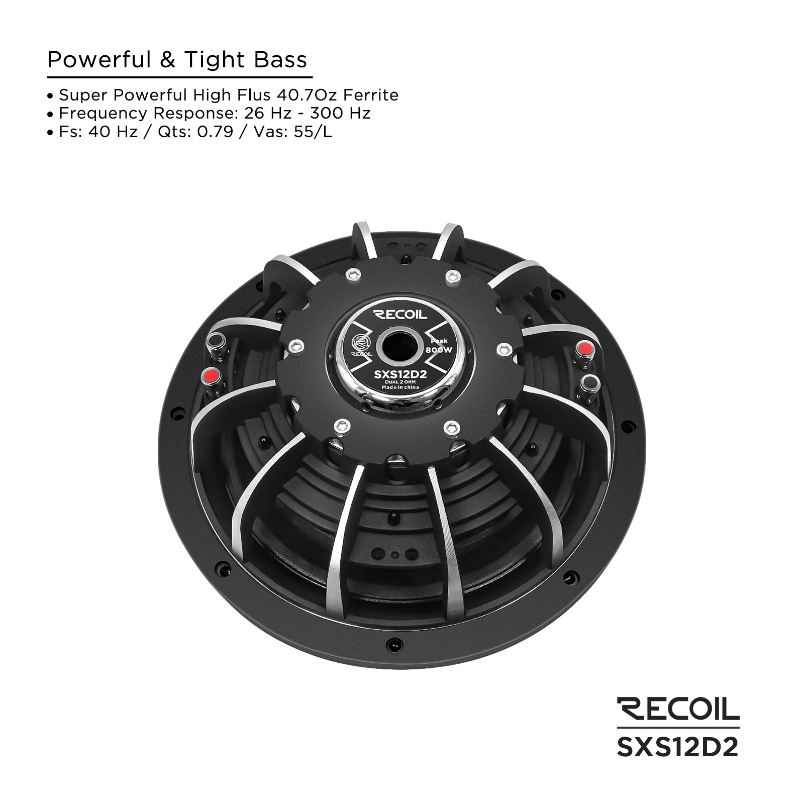 SXS12D2 - Ultra Shallow 12 Inch Subwoofer - 800 Watts Power Dual 2 OHM Voice Coil, 2" Black-coated 6-layer High Temperature Voice Coil