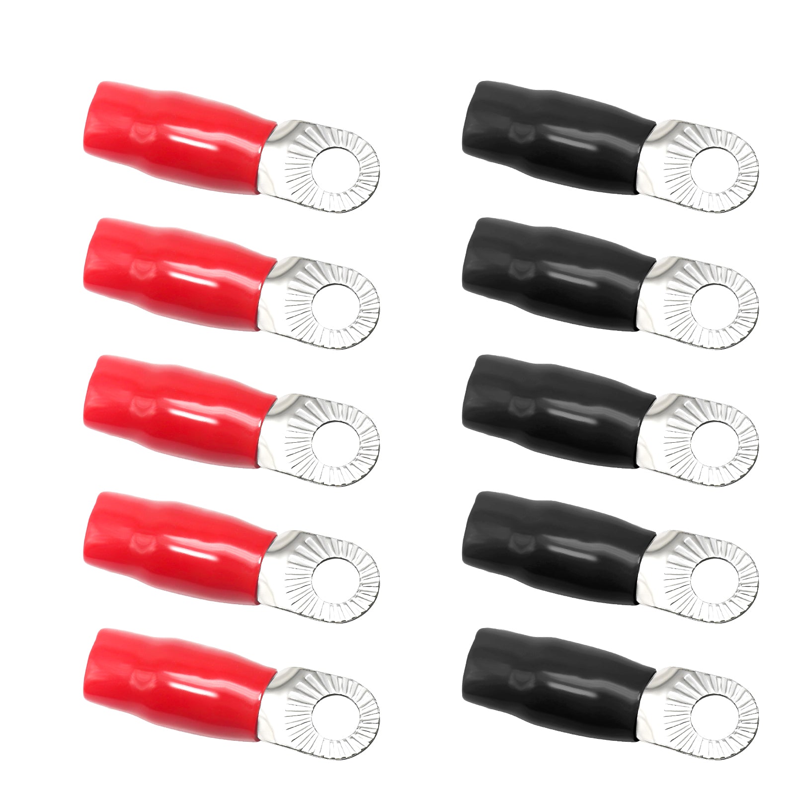 RT038-10 - 10pcs 0awg Copper Ring Terminals, 3/8” Ring Hole, Shiny Nickel Plated Crimp Ring Terminals with 10pcs Red & Black Soft Boots
