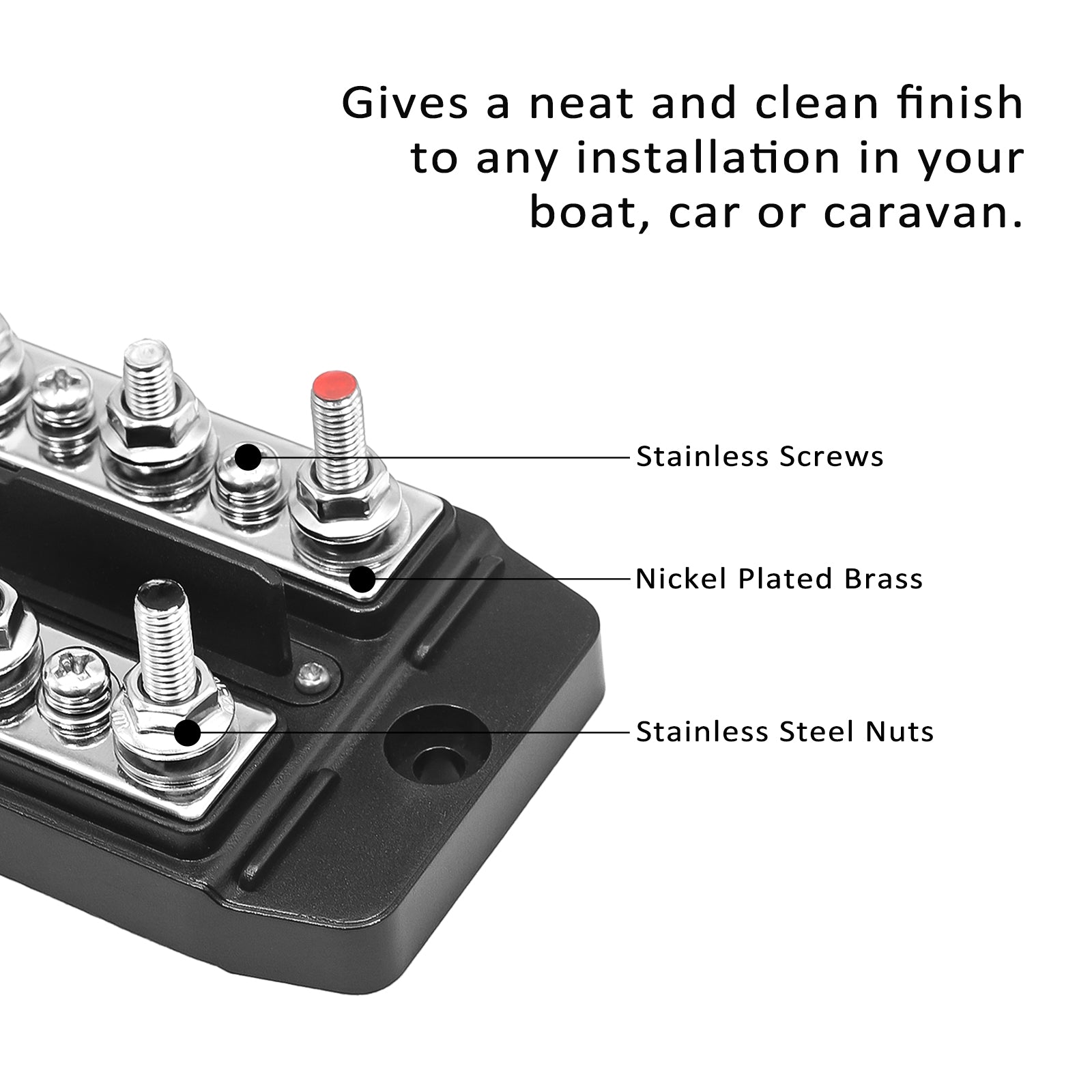 DBBS43 - Dual Row Busbar Positive and Negative 4 X M5 Studs 3 X #8 Screw Terminals Power and Ground Distribution Block with Ring Terminals (red & Black)