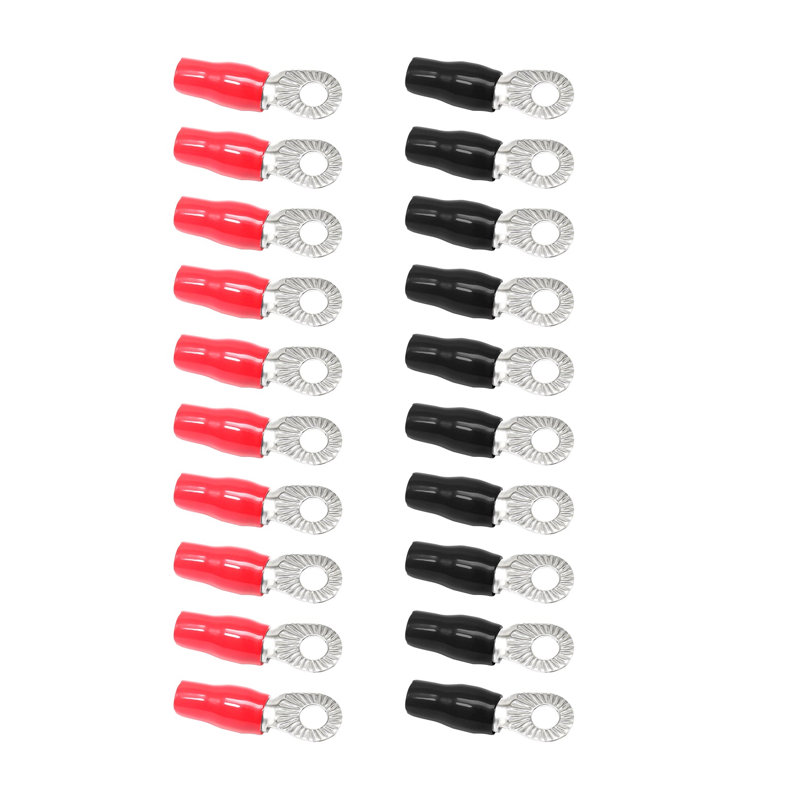 RT4516-20 - 20pcs 4awg Copper Ring Terminals, 5/16” Ring Hole, Shiny Nickel Plated Crimp Ring Terminals with 20pcs Red & Black Soft Boots