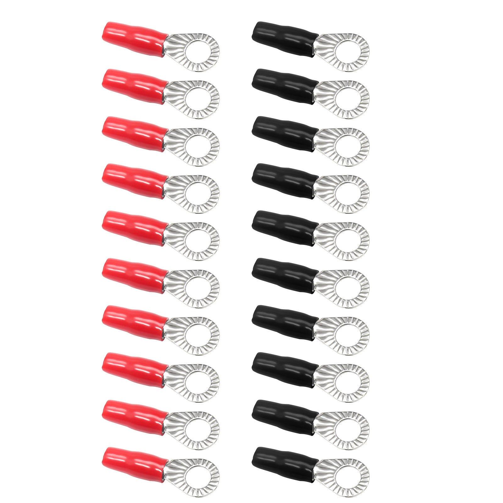 RT8516-20 - 20pcs 8awg Copper Ring Terminals, 5/16” Ring Hole, Shiny Nickel Plated Crimp Ring Terminals with 20pcs Red & Black Soft Boots