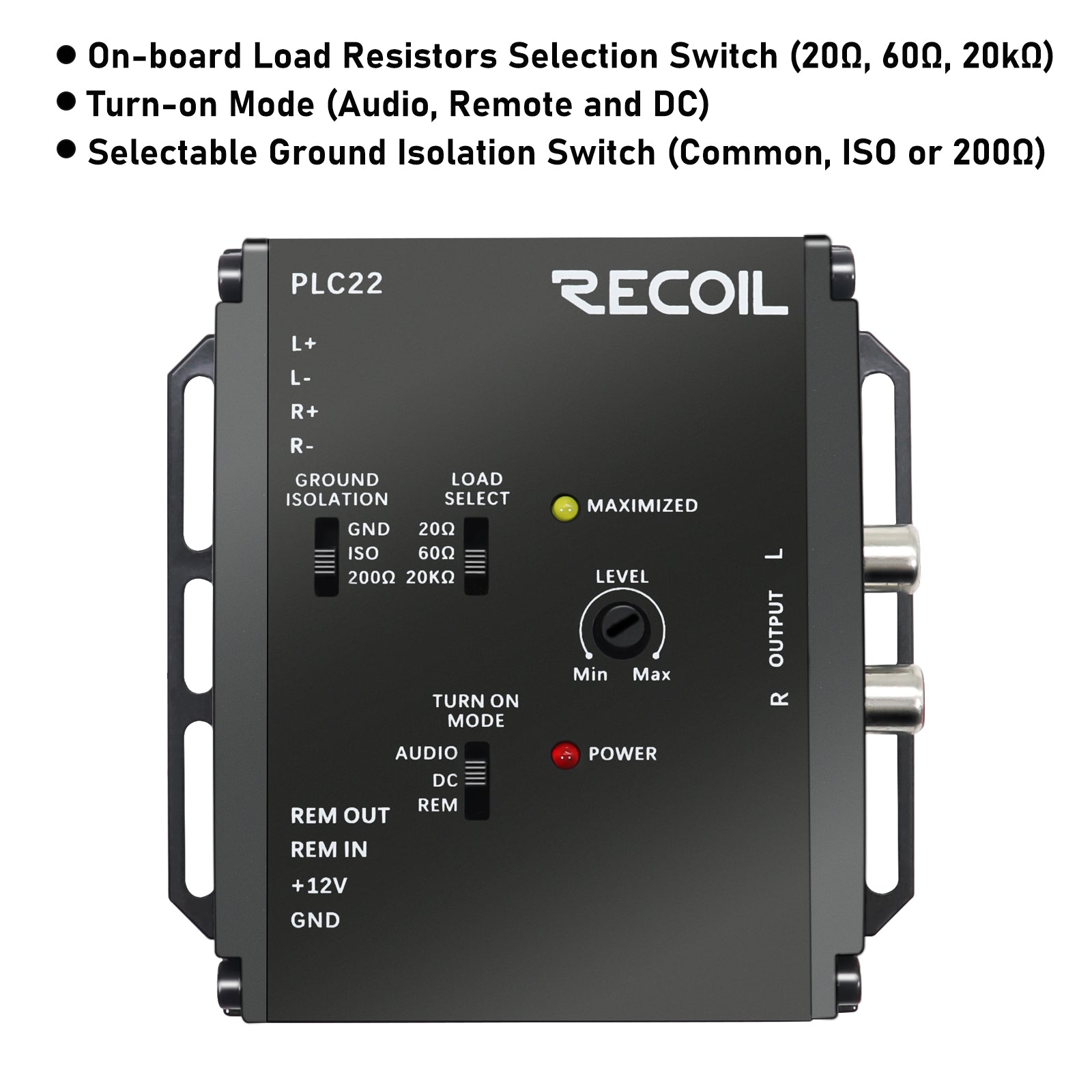 PLC22 - Premium 2-channel Active Line Output Converter with 9.5v Preamp Output, Features Turn-on Mode, Load and Ground Isolation Selection