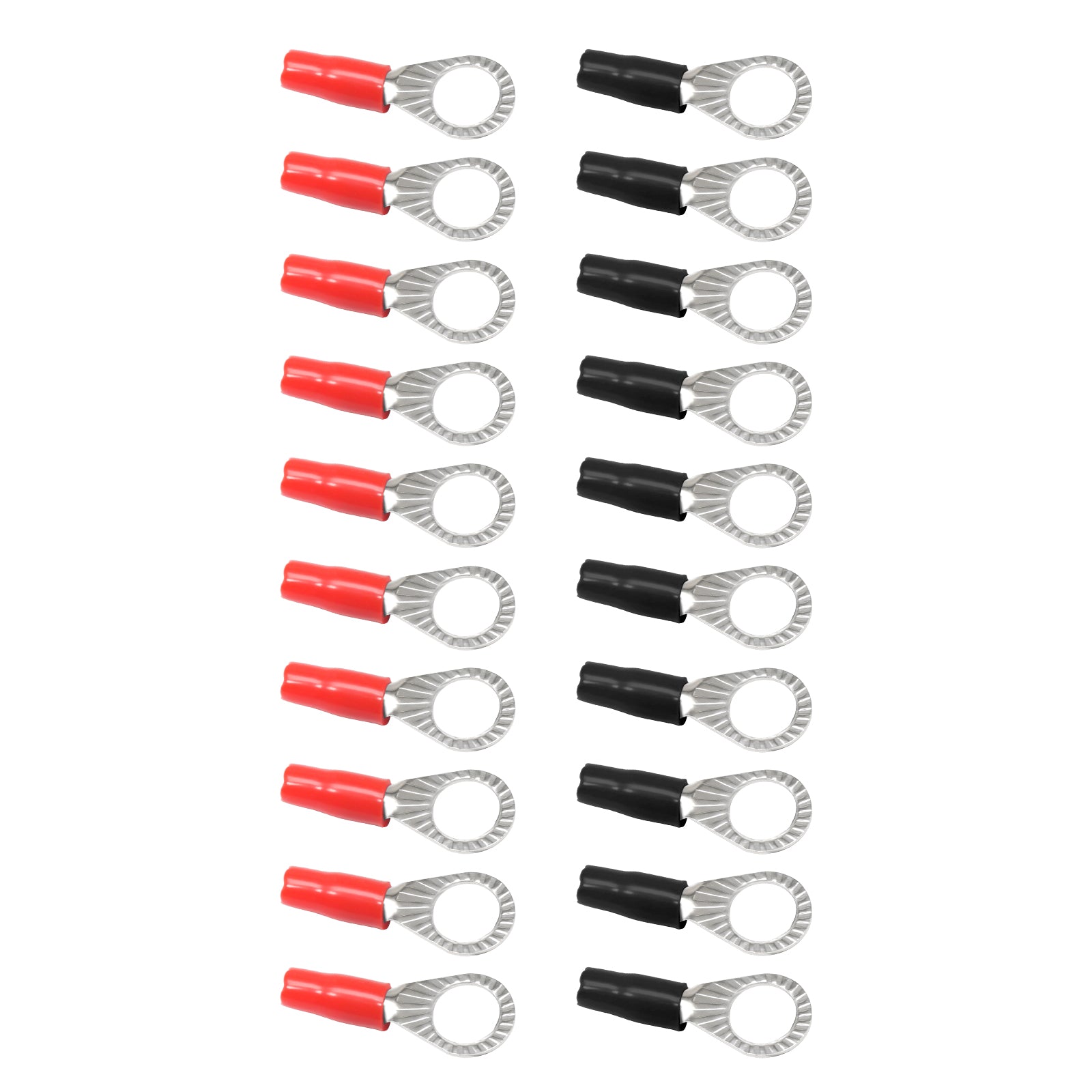 RT1038-20 - 20pcs 10awg Copper Ring Terminals, 3/8” Ring Hole, Shiny Nickel Plated Crimp Ring Terminals with 20pcs Red & Black Soft Boots