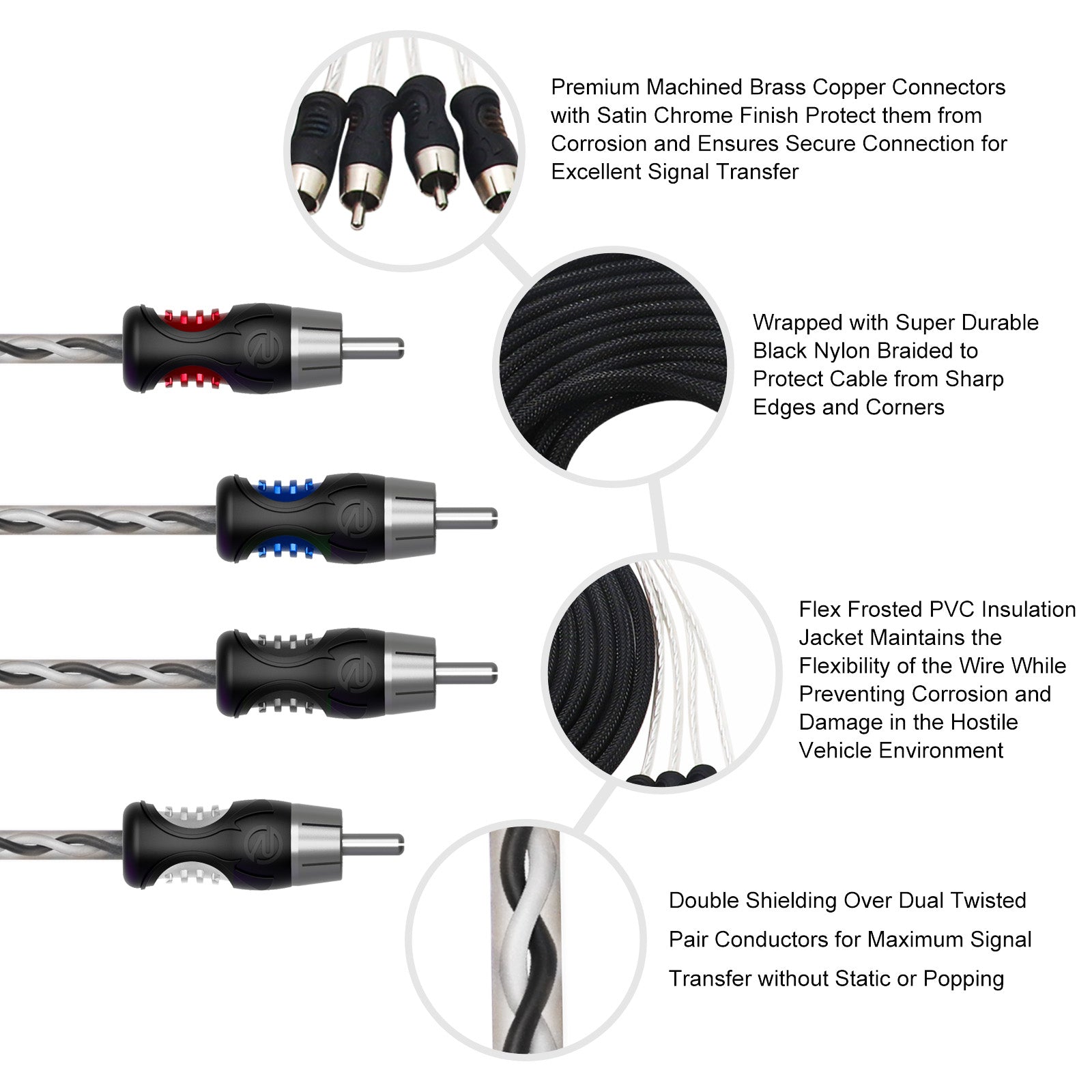 PCI417 - Premium 99.99% Oxygen Free Copper 17ft 4-channel RCA Audio Interconnects Cable (4x RCA Male to 4x RCA Male), Double Shielded with Noise Reduction