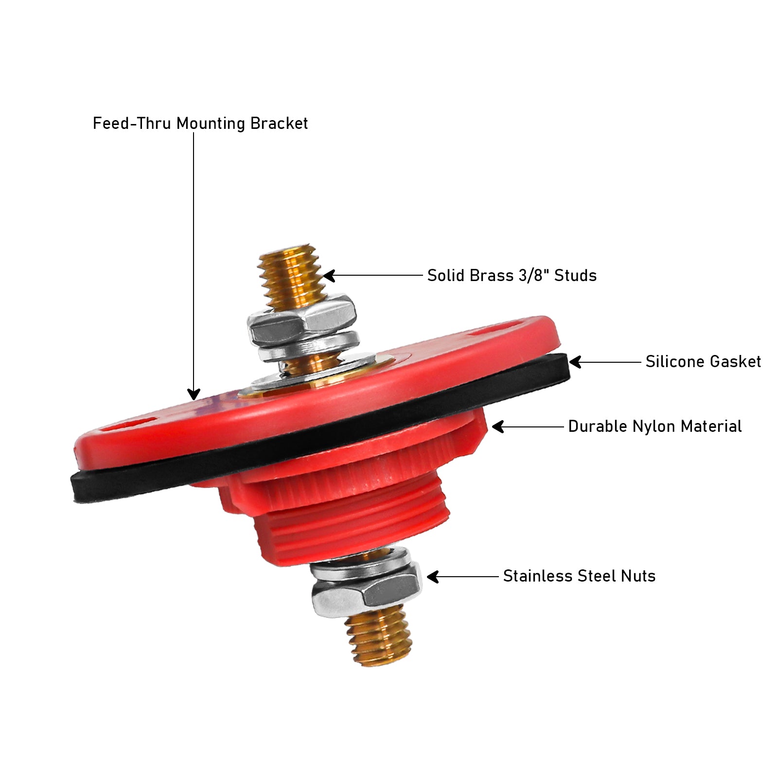 BTTP-38 - Premium High Current 3/8” Feed-thru Panel Battery Terminal Connectors with Silicone Terminal Covers, Red & Black Pair