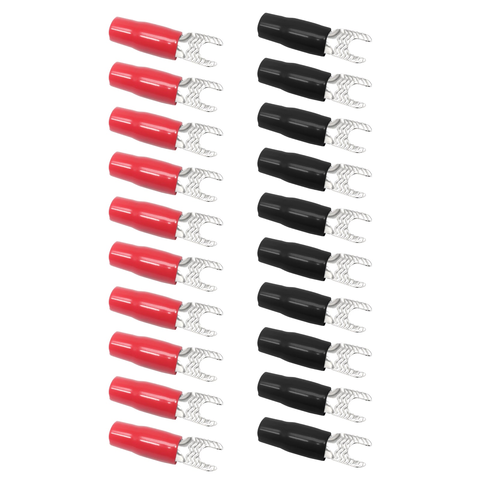 ST808-20 - 20pcs 8awg Copper Spade Terminals, #8 Opening, Shiny Nickel Plated Crimp Ring Terminals with 20pcs Red & Black Soft Boots