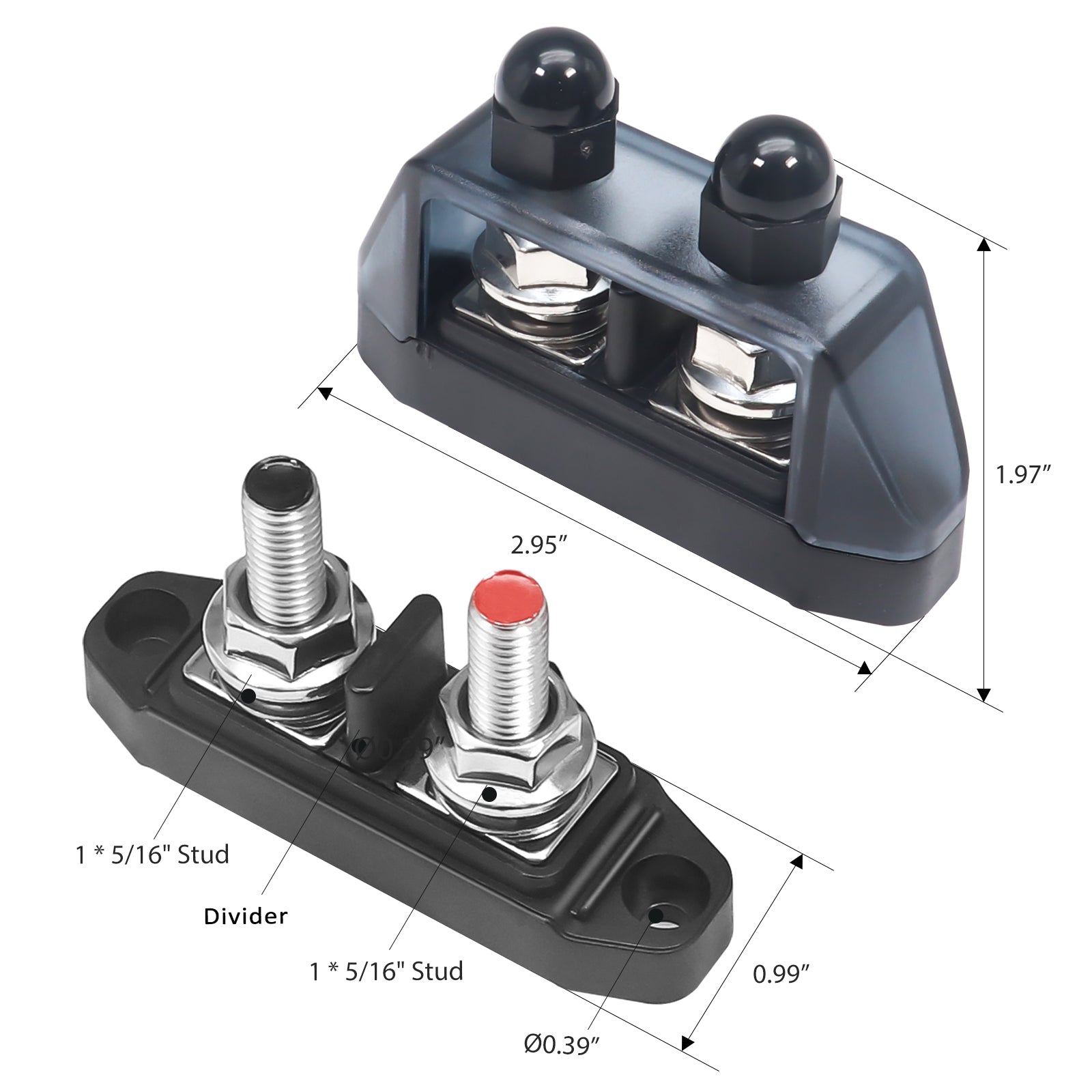 S2PG - Busbar Dual 5/16” Studs with Divider Positive and Negative 2-in-1 Terminal Power Distribution Block with Ring Terminals