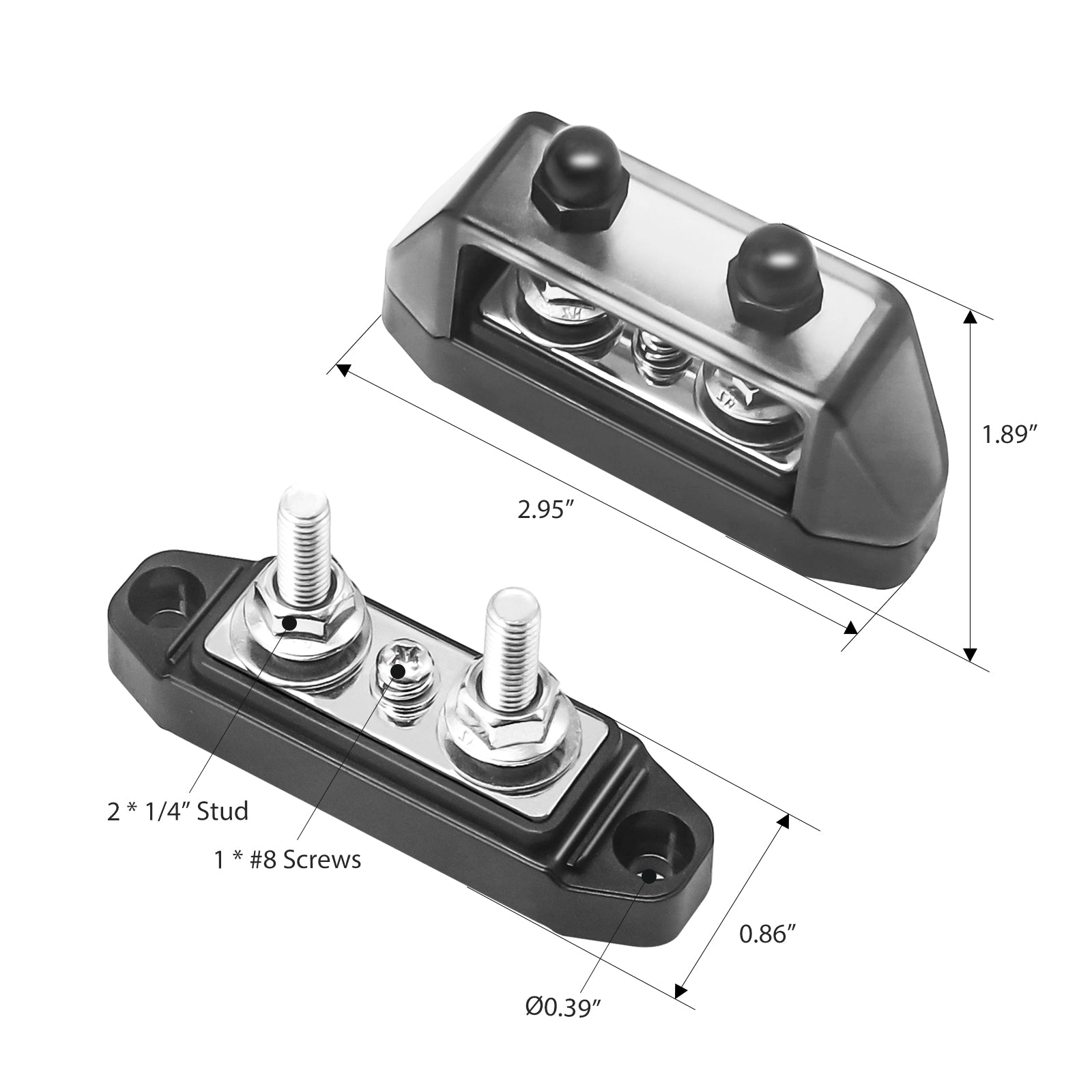 S2P-14 - Pair 3 Connections Busbar 2 X M5 Studs & 1 X #8 Screw Terminal Power Distribution Block with Ring Terminals (red & Black)