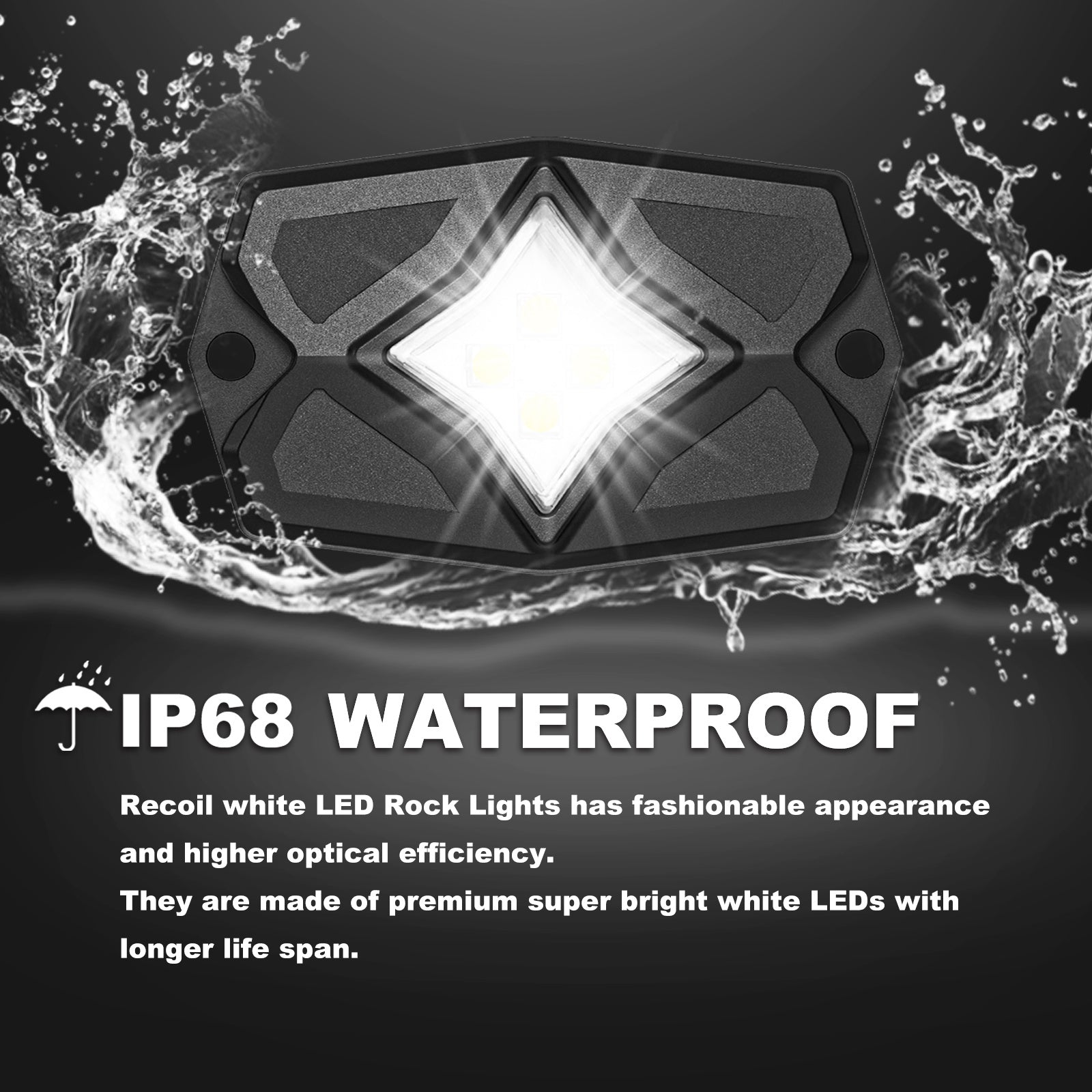 RLW-6 - IP68 Waterproof White LED Rock Lights 6 Pods, Under-glow White LED Light for Car Truck ATV UTV Suv Off-road Boat Motorcycle Vehicle, Under Body Glow Light Lamp Trail Fender Lighting