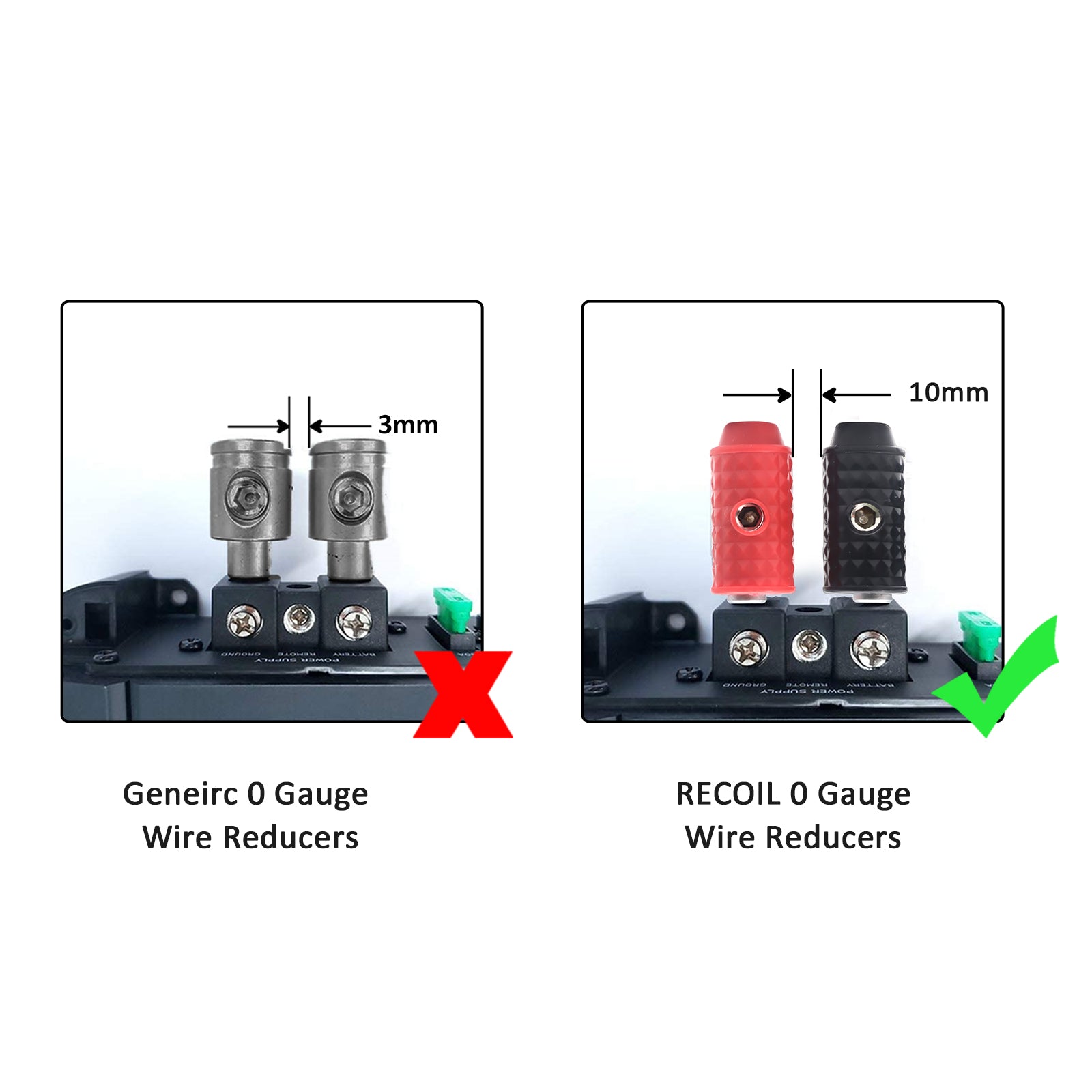 WR04Q - Amplifier Power/ground Input Wire Gauge Reducer Brass 1/0 Gauge to 4 Gauge with Red/black Silicon Covers, Marine-grade Satin Chrome Finish, Two Pair