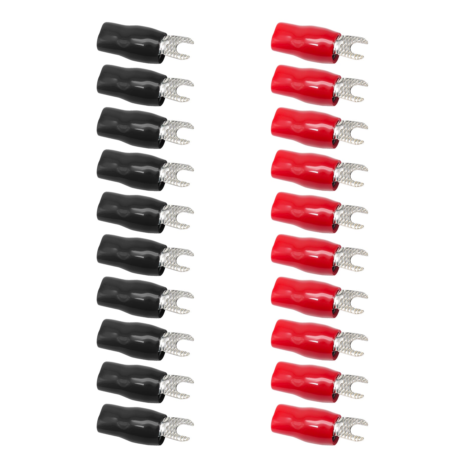 ST408-20 - 20pcs 4awg Copper Spade Terminals, #8 Opening, Shiny Nickel Plated Crimp Ring Terminals with 20pcs Red & Black Soft Boots