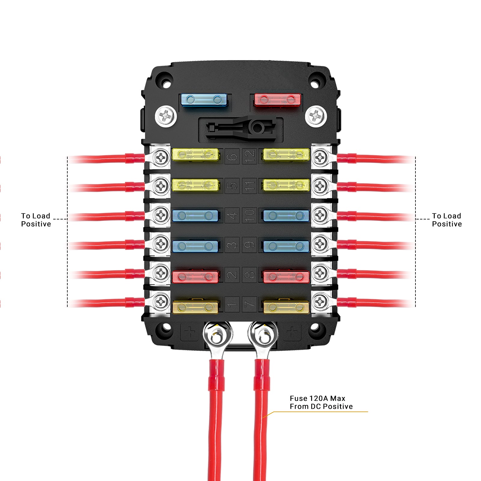 AF12 - 12-way Atc/ato Fuse Block, 12-circuit Power Block for Car RV Truck Boat Utv/atv, Bolt Terminals, 24pcs Fuses, Screws, Fuse Tool & Sticker Labels