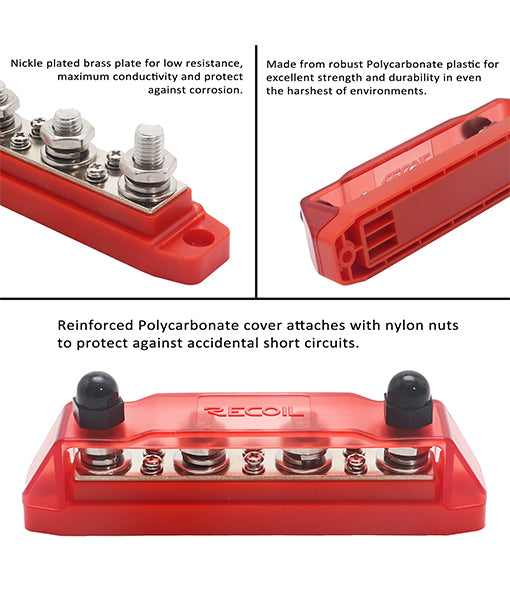 BB46R - Busbar 4 X 3/8” Studs and 6 X #8 Screw Terminals Power Distribution Block with Ring Terminals, Red