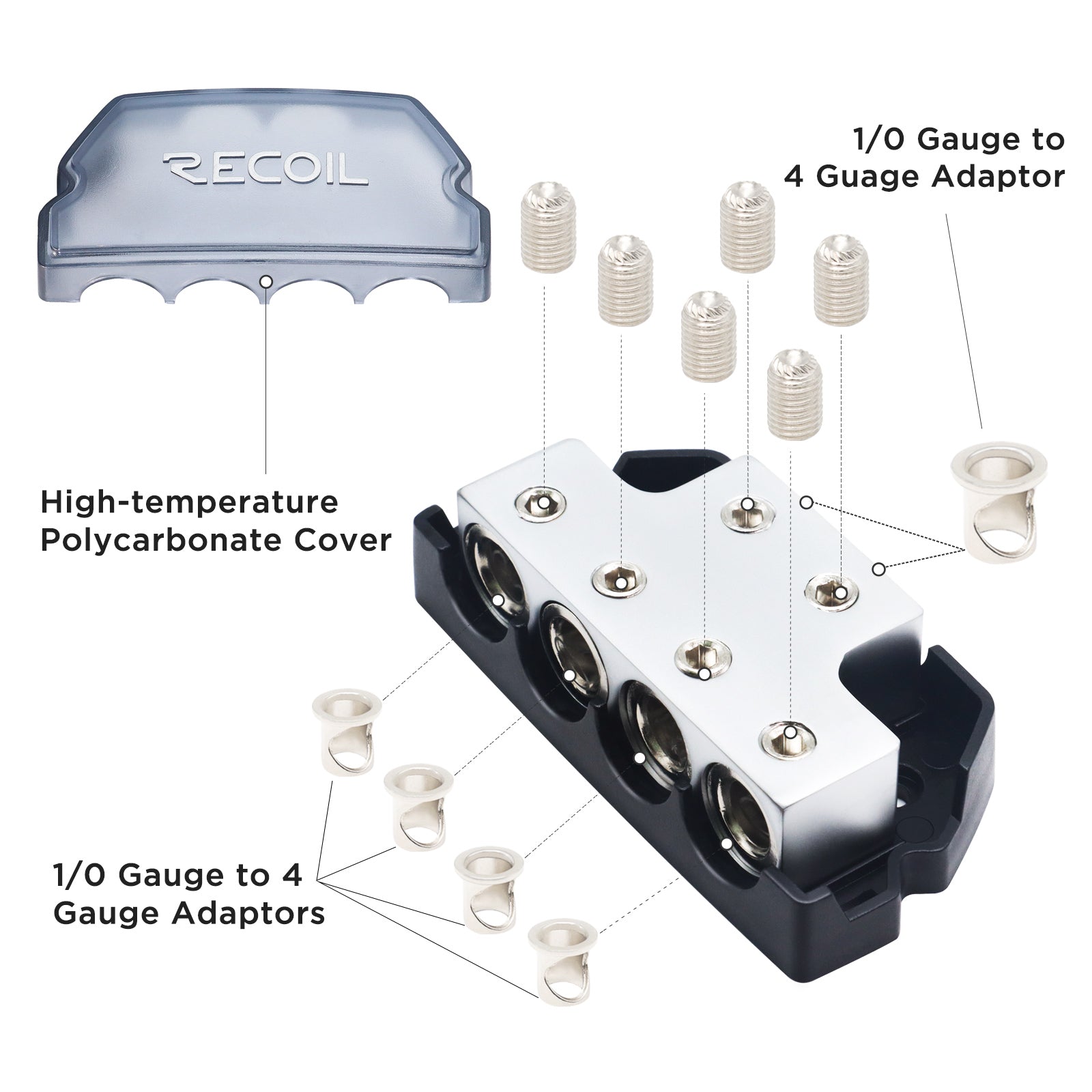 BDB24 - 6-way Power Distribution Block, 2 X 0/2/4 Gauge in / 4 X 0/2/4 Gauge Out Power Distribution Ground Distributor Block for Car Audio Amplifier Splitter