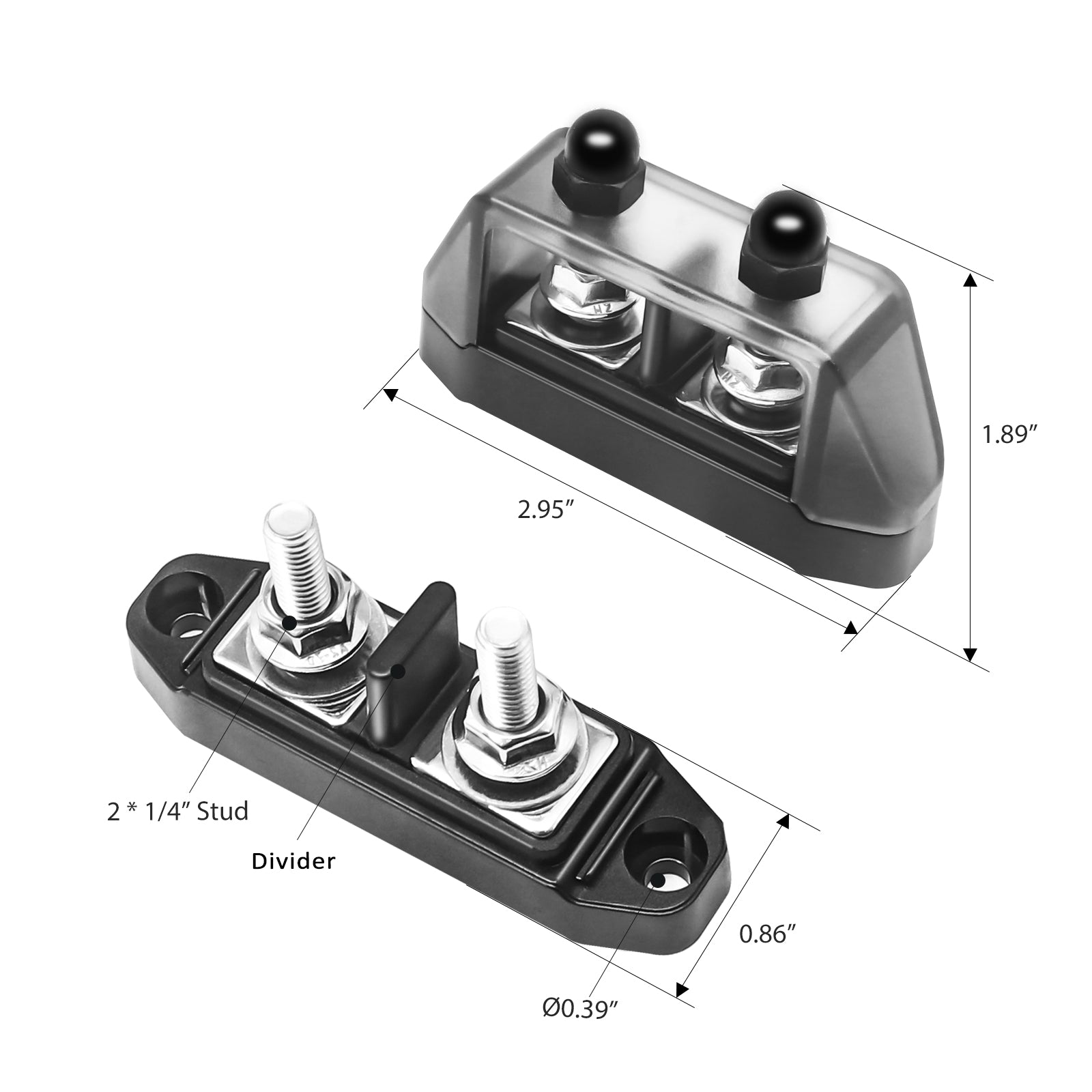 S2PG-14 - Insulated 2 Position Power & Ground Busbar 2 X M5 Studs Terminal Power Distribution Block with Ring Terminals