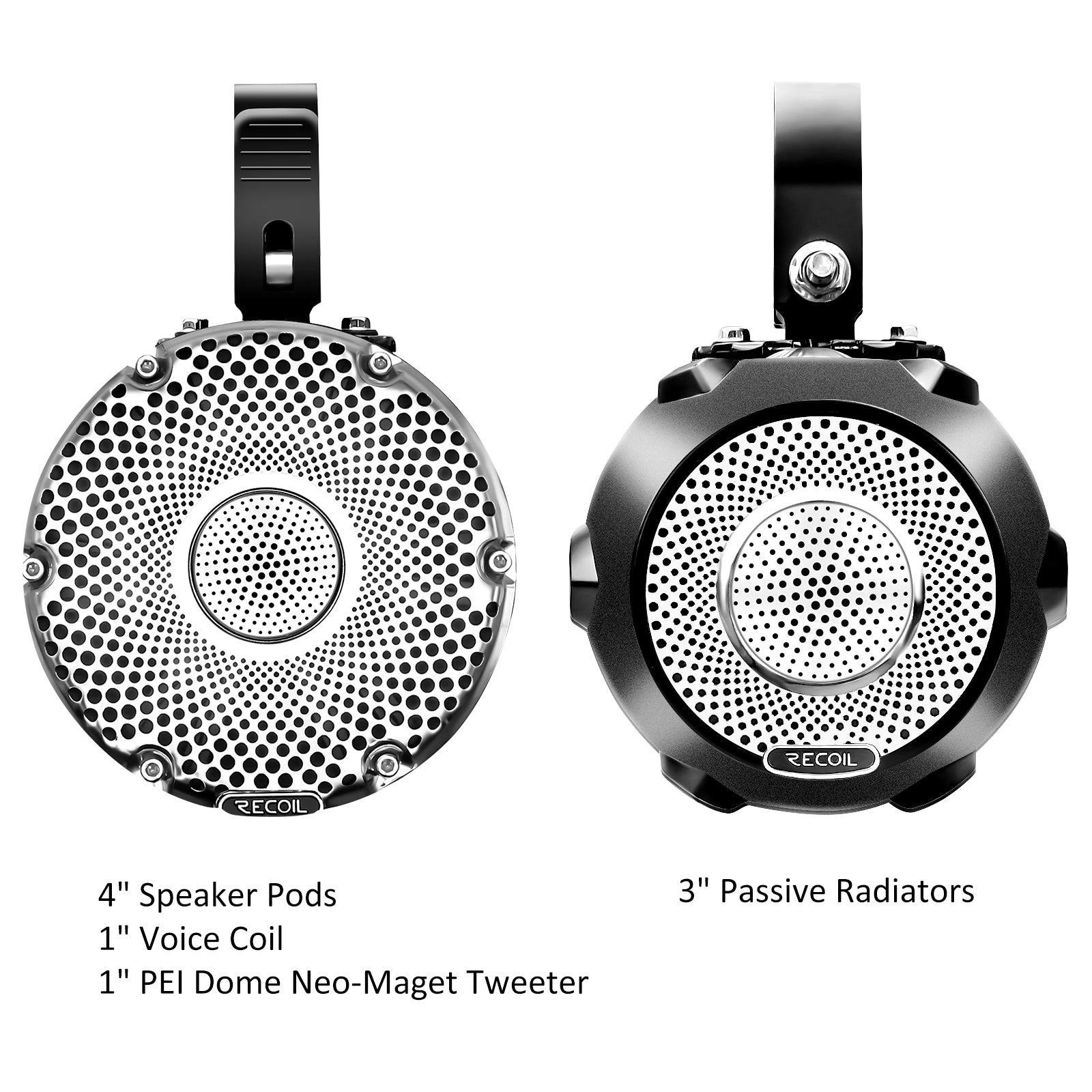 R4-P - Complete Marine 200 Watts Pair Speakers Audio System, Super Loud 4” Speaker Pods with 3” Passive Radiator, Amplifier, Bt Controller, for UTV, ATV, Golf Cart, Boat, Off-road Motorsports Audio