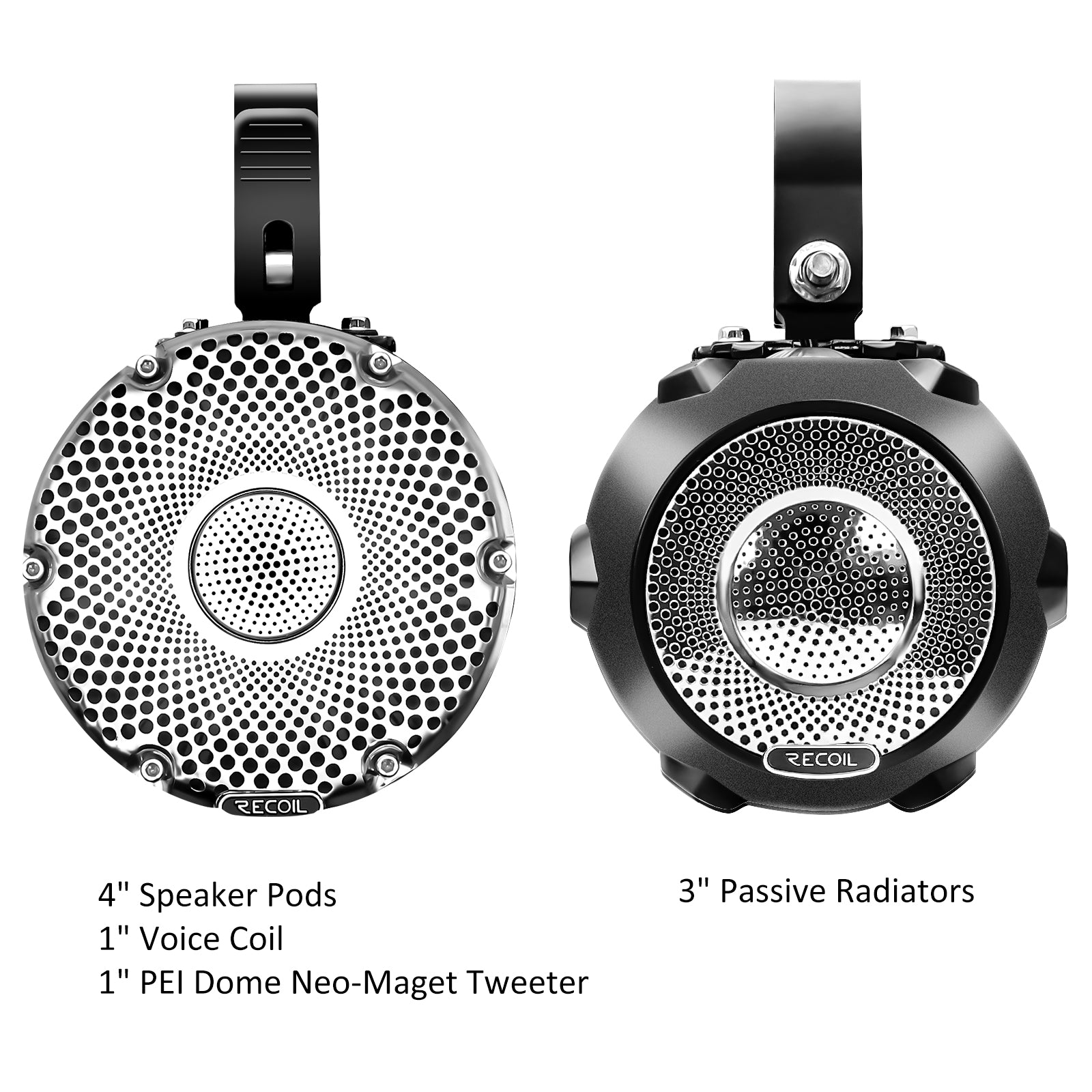 R4-Q - Complete Marine 400 Watts Quad Speakers Audio System, Two Pairs Super Loud 4” Speaker Pods with 3” Passive Radiators, 4-channel Marine Amplifier, Bt Controller, for UTV, ATV, Golf Cart, Boat, Off-road Motorsports Audio