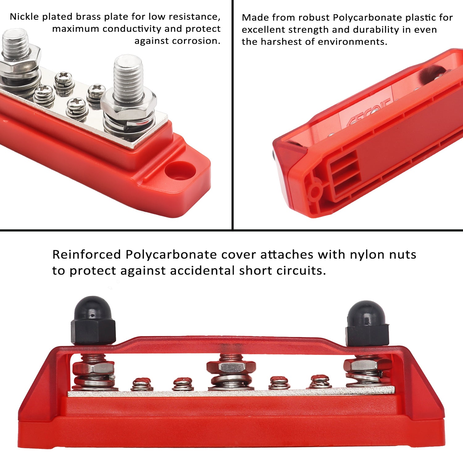 BB38R - Busbar 3 X 3/8” Studs and 8 X #8 Screw Terminals Power Distribution Block with Ring Terminals, Red