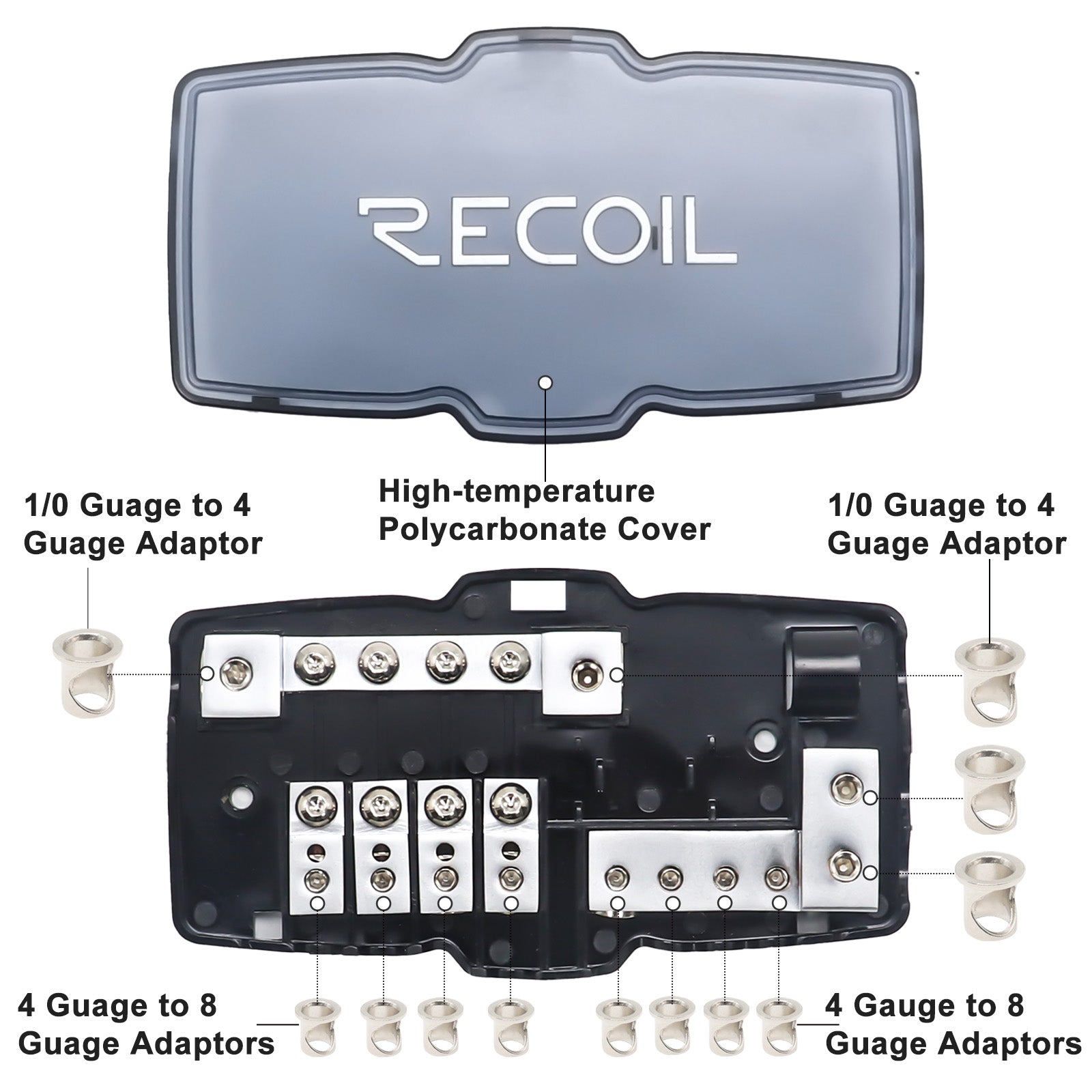 MPG4 - 4-way Mini-anl Fused Distribution Block with 4-way Ground Block, Each Positive and Negative Block with Two 0/2/4 Gauge Inputs & Four 4/8 Gauge Outputs, Fused Distribution Block with 12pcs 60a, 80a, 100a Fuses, Solid Brass for Maximum Power Transfer