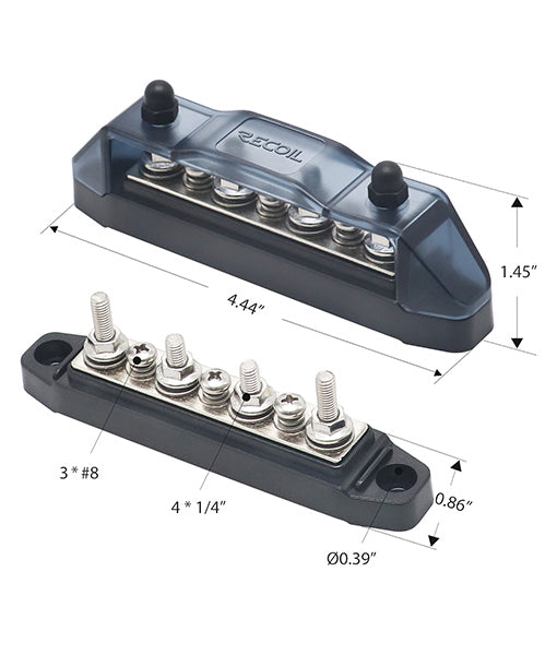 BBS43-P - Bus Bar 4 X 1/4” Studs, 3 X #8 Screw Terminals Power Distribution Block with Ring Terminals (pair Red & Black)