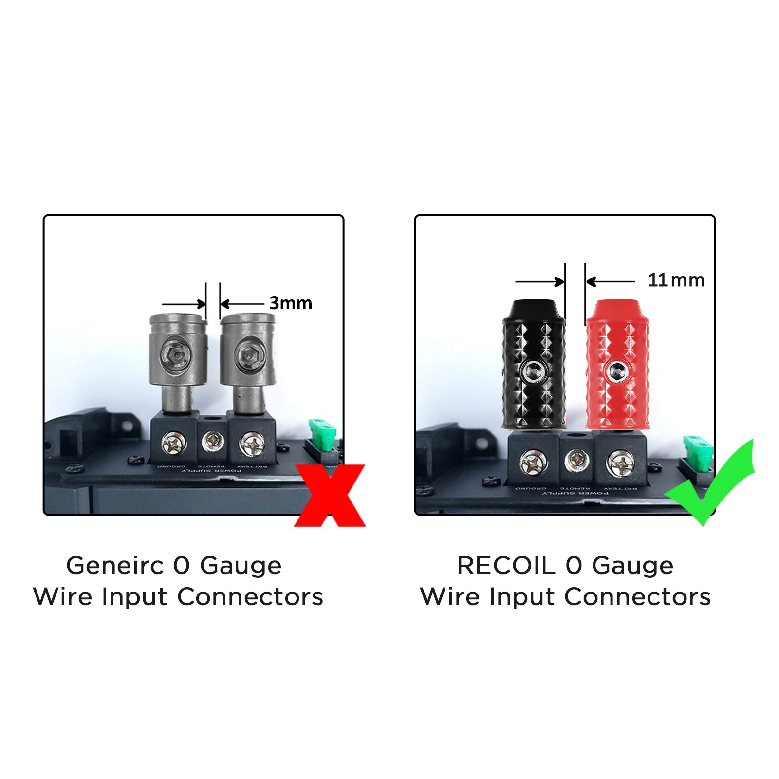 WI0P - Amplifier Power/ground Wire Input Brass 1/0 Gauge to 1/0 Gauge with Red/black Silicon Covers, Marine-grade Satin Chrome Finish, Pair