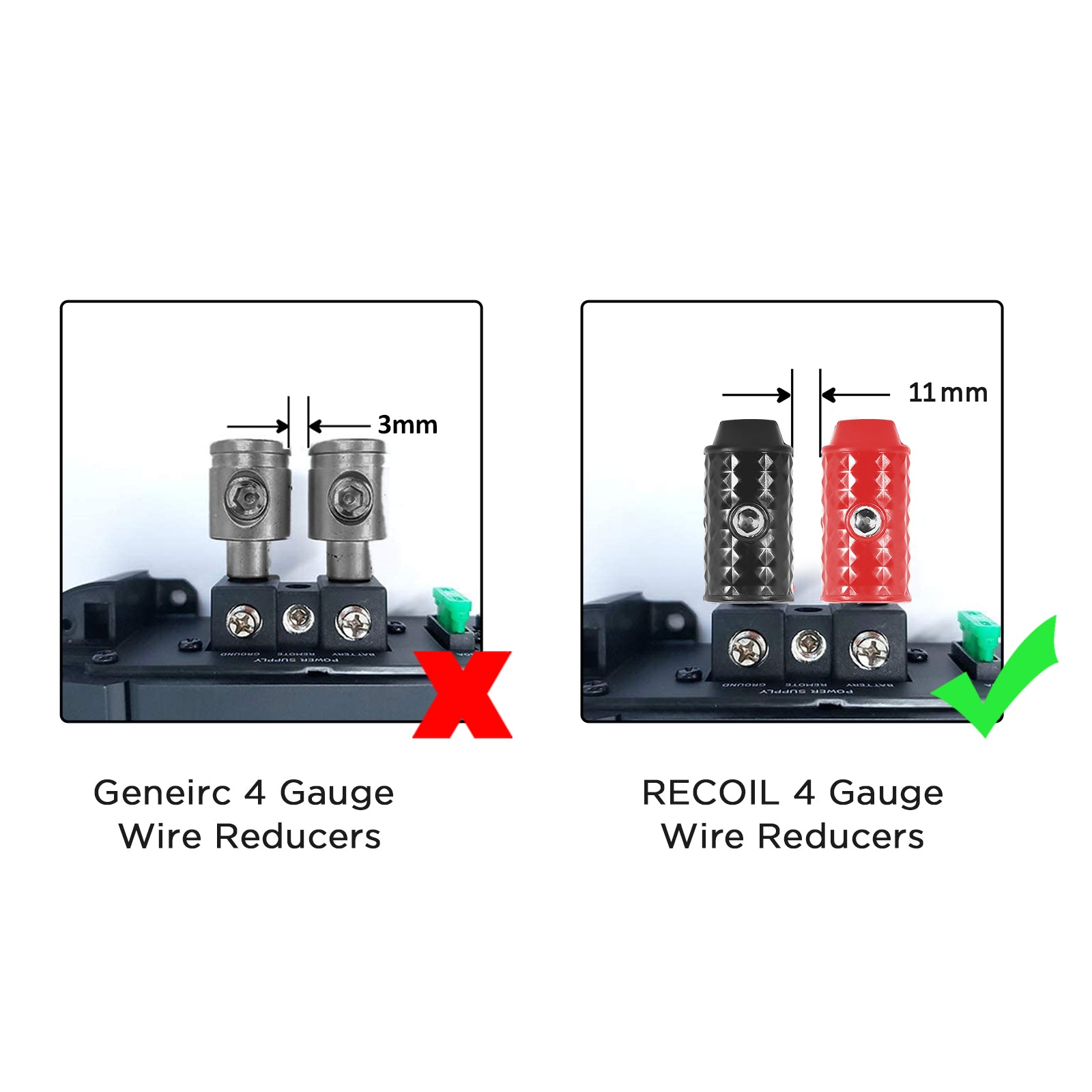 WI4P - Amplifier Power/ground Wire Input Brass 4 Gauge to 4 Gauge with Red/black Silicon Covers, Marine-grade Satin Chrome Finish, Pair