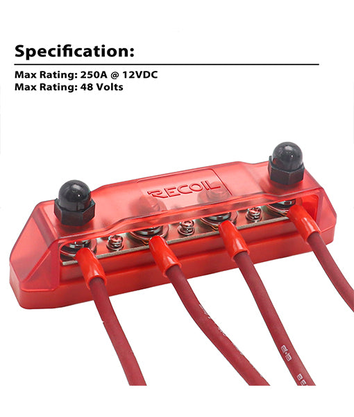 BB46P - Busbar 4 X 3/8” Studs 6 X #8 Screw Terminals Red & 4 X 5/16” Studs 6 X #8 Screw Terminals Black Power Distribution Block with Ring Terminals (pair)