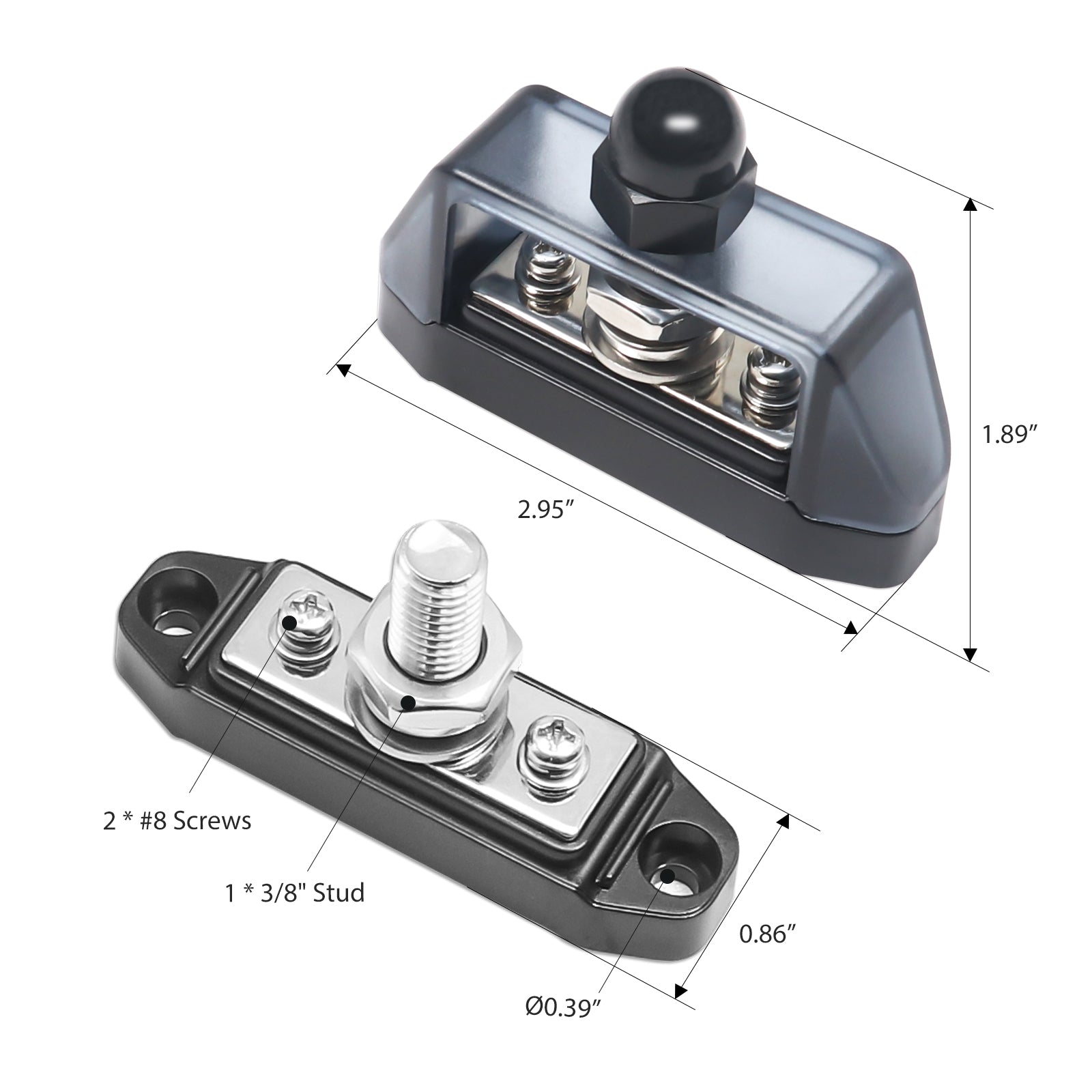 S12P-38 - Pair 3 Connections Busbar 1 X 3/8” Stud 2 X #8 Screw Terminals Power Distribution Block with Ring Terminals (red & Black)