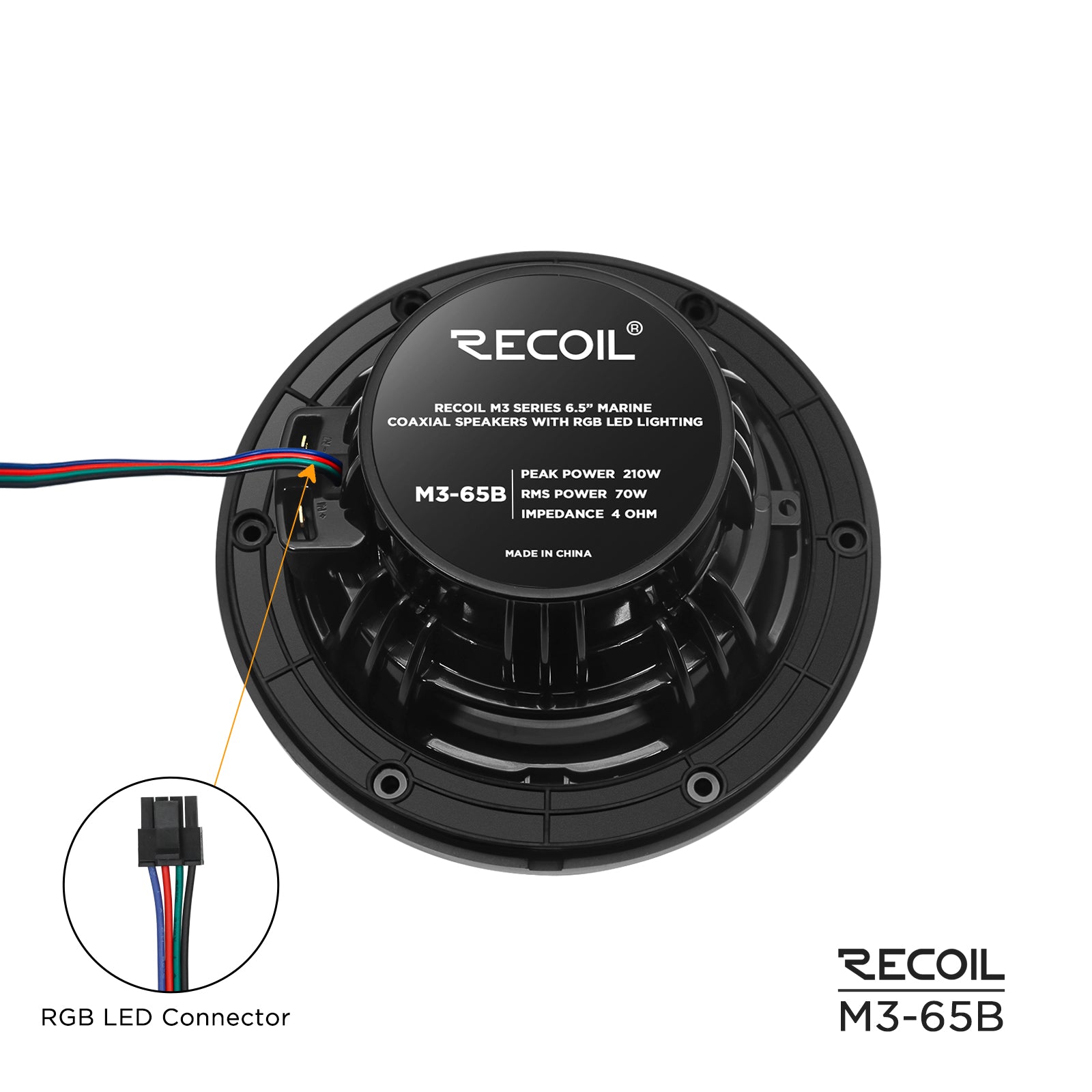 M3-65B - 6.5 Inch 2-way Marine Boat Coaxial Speakers with Built-in RGB LED, Black