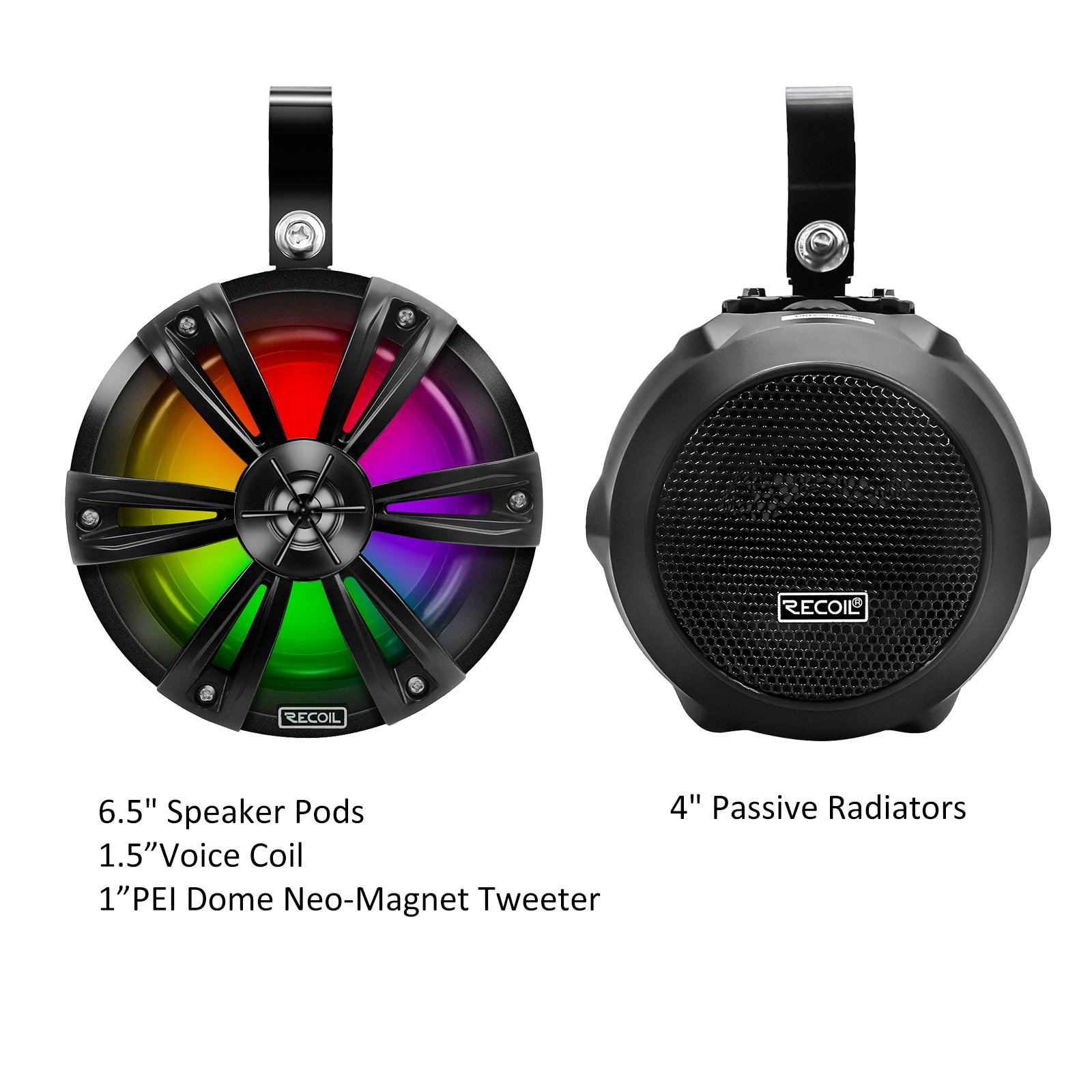 R6-P - Complete IPX6 Waterproof 600 Watts Pair Speaker Audio System, Super Loud 6.5” Speaker Pods with Passive Radiator, Amplifier, Bluetooth Controller, RGB LED Illumination for UTV, ATV, Golf Cart, Boat, Off-road Motorsports Audio