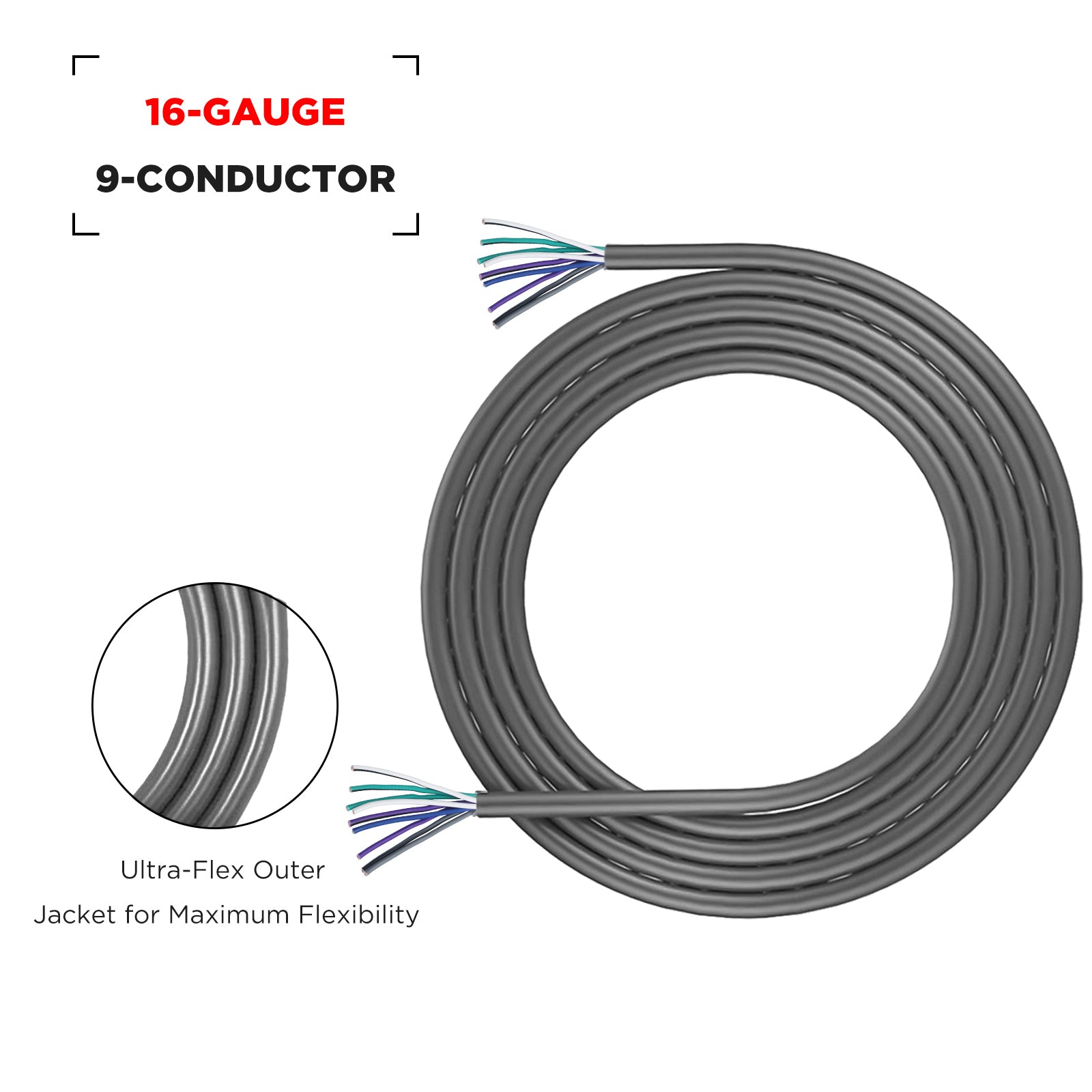 SW9C16-20 - 20-feet 9-conductor Speaker Cable, 16awg Pure OFC, Ultra-flex and Easy Peel Jacket, 4-channel Speaker Wire and Remote Wire