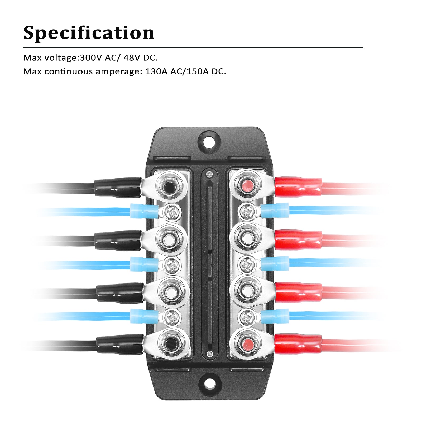 DBBS43 - Dual Row Busbar Positive and Negative 4 X M5 Studs 3 X #8 Screw Terminals Power and Ground Distribution Block with Ring Terminals (red & Black)