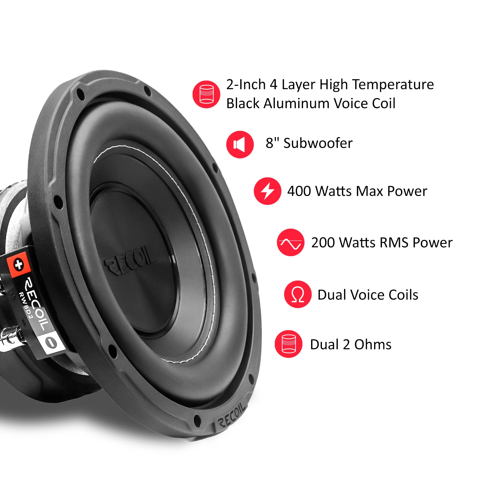 RW8D4 - Echo Series 8 Inch Subwoofer - 400 Watts Power Dual 4 OHM Voice Coil, Competition Grade Pressed Paper Cone