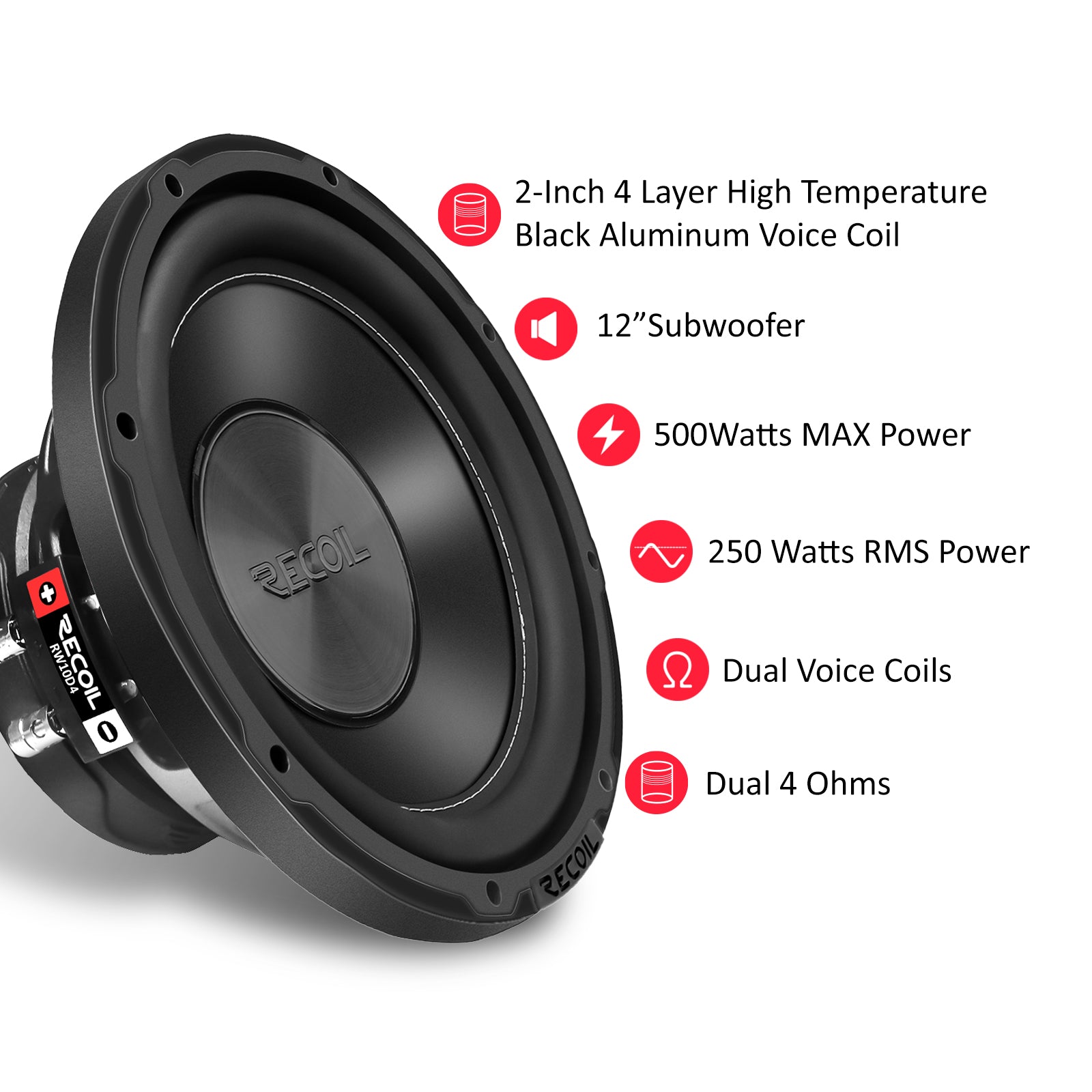 RW10D4 - Echo Series 10 Inch Subwoofer - 500 Watts Power Dual 4 OHM Voice Coil, 2" Black-coated 4 Layer High Temperature Voice Coil, Competition Grade Pressed Paper Cone