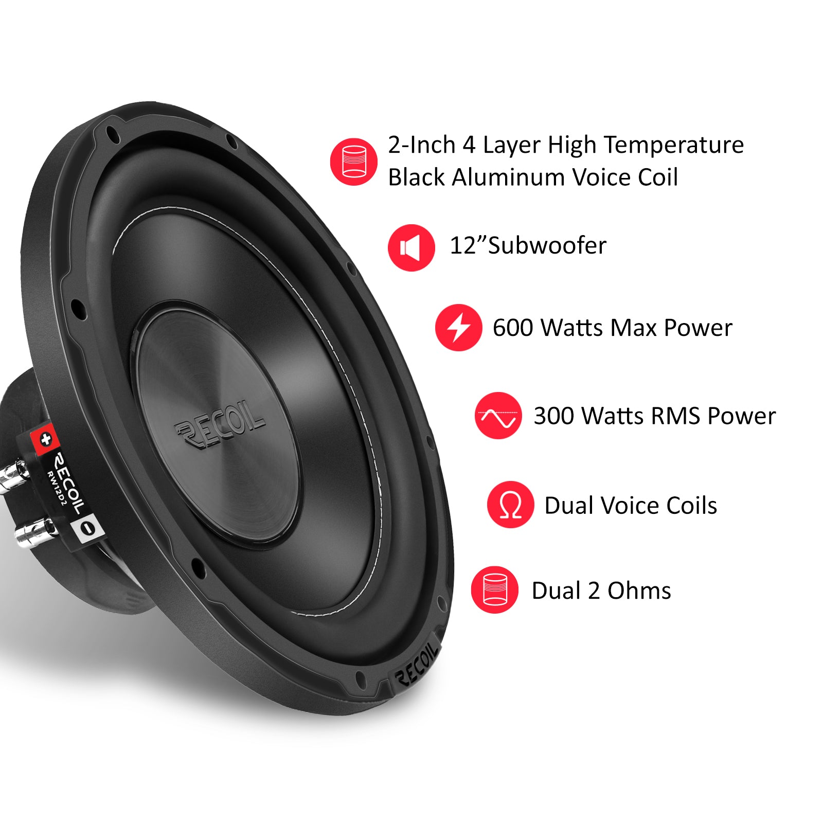 RW12D2 - Echo Series 12 Inch Subwoofer - 600 Watts Power Dual 2 OHM Voice Coil, 2" Black-coated 4 Layer High Temperature Voice Coil, Competition Grade Pressed Paper Cone