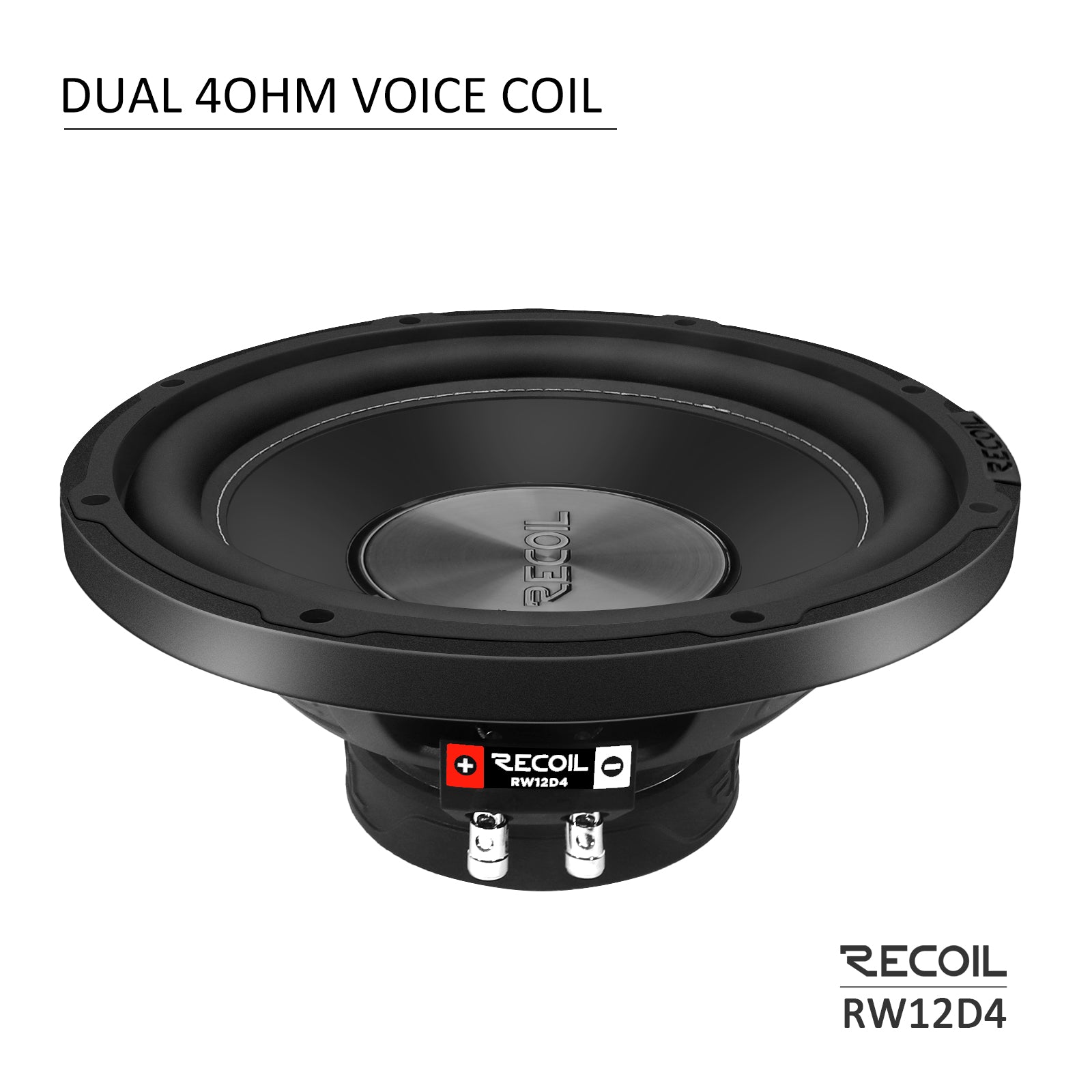 RW12D4 - Echo Series 12 Inch Subwoofer - 600 Watts Power Dual 4 OHM Voice Coil, 2" Black-coated 4 Layer High Temperature Voice Coil, Competition Grade Pressed Paper Cone