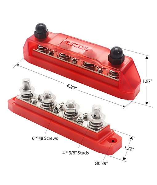 BB46R - Busbar 4 X 3/8” Studs and 6 X #8 Screw Terminals Power Distribution Block with Ring Terminals, Red