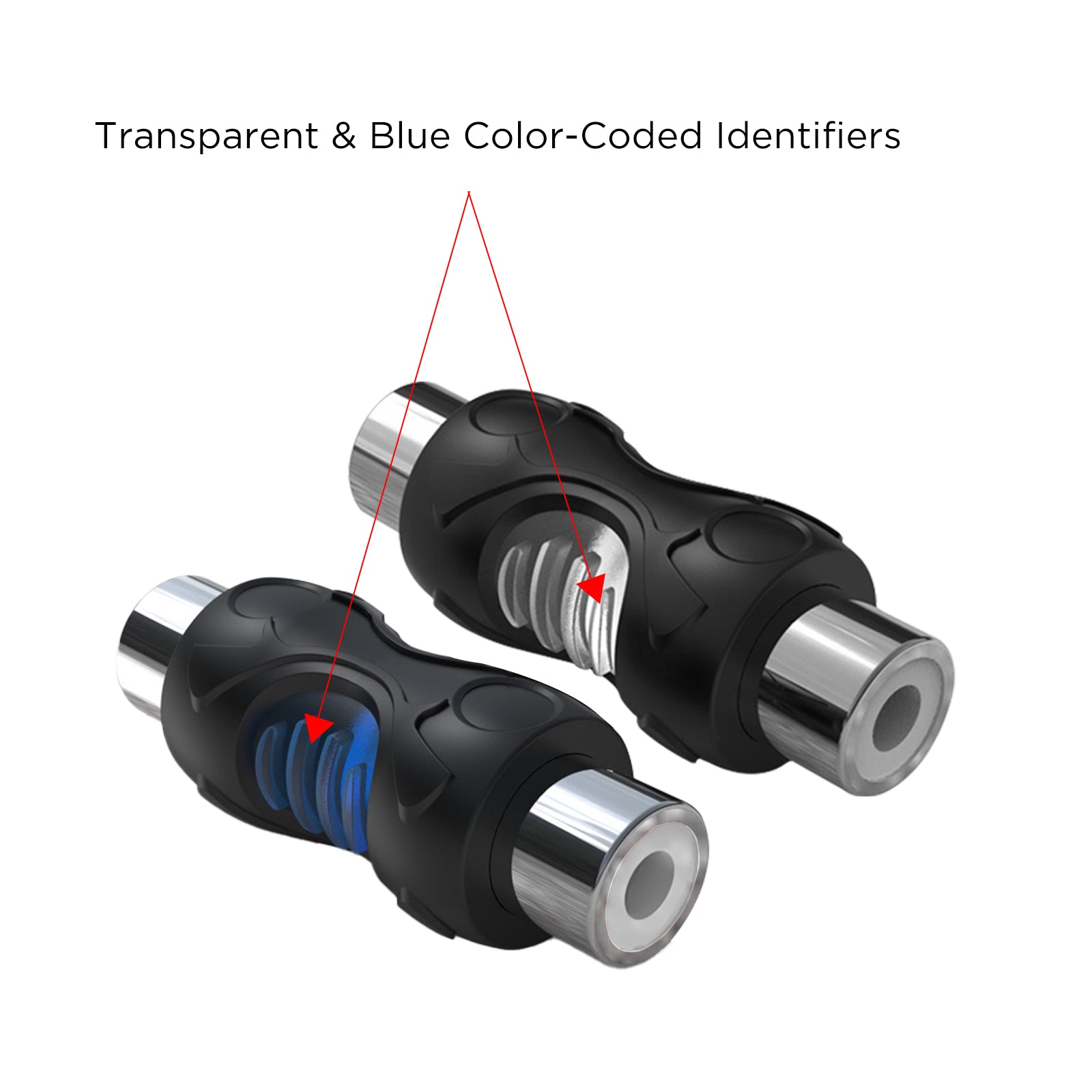 RCA-S - Speaker Wire to RCA Adapter with RCA Female to Female Coupler (pair), Dual Injection Molded RCA Ends