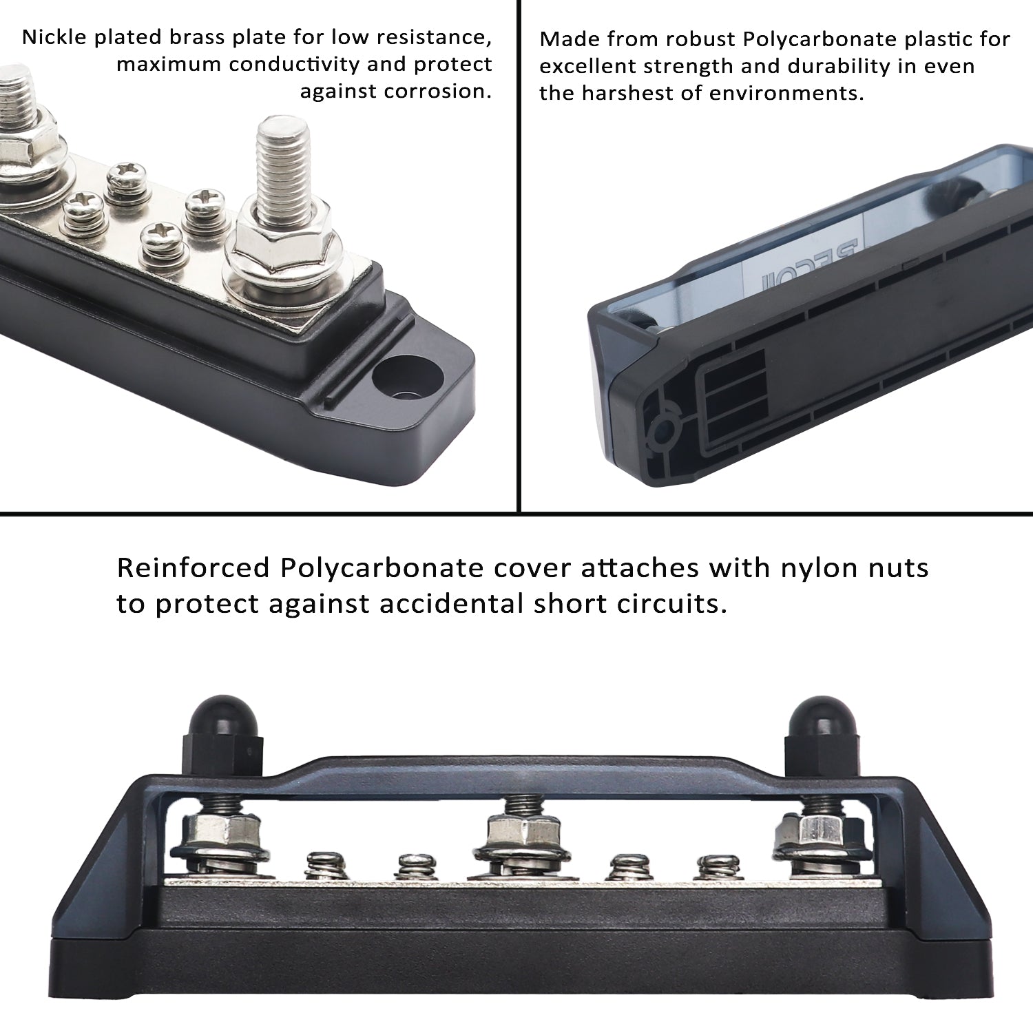 BB38P - Busbar 3 X 3/8” Studs 8 X #8 Screw Terminals (red) & 3 X 5/16” Studs 8 X #8 Screw Terminals (black) Power Distribution Block with Ring Terminals, Pair