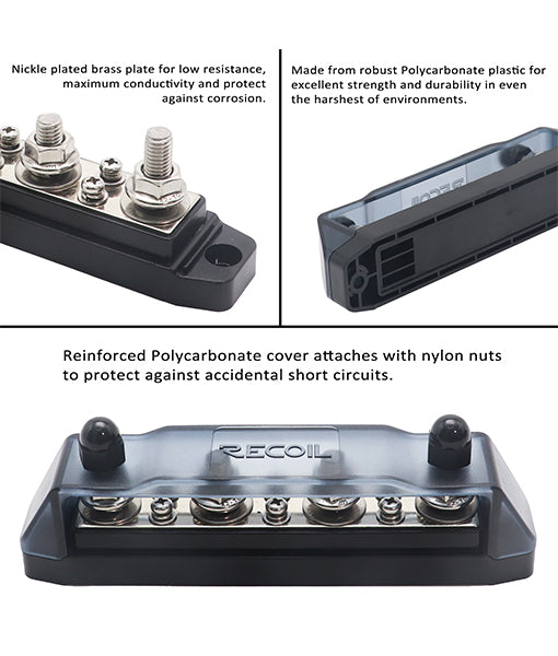BB46P - Busbar 4 X 3/8” Studs 6 X #8 Screw Terminals Red & 4 X 5/16” Studs 6 X #8 Screw Terminals Black Power Distribution Block with Ring Terminals (pair)