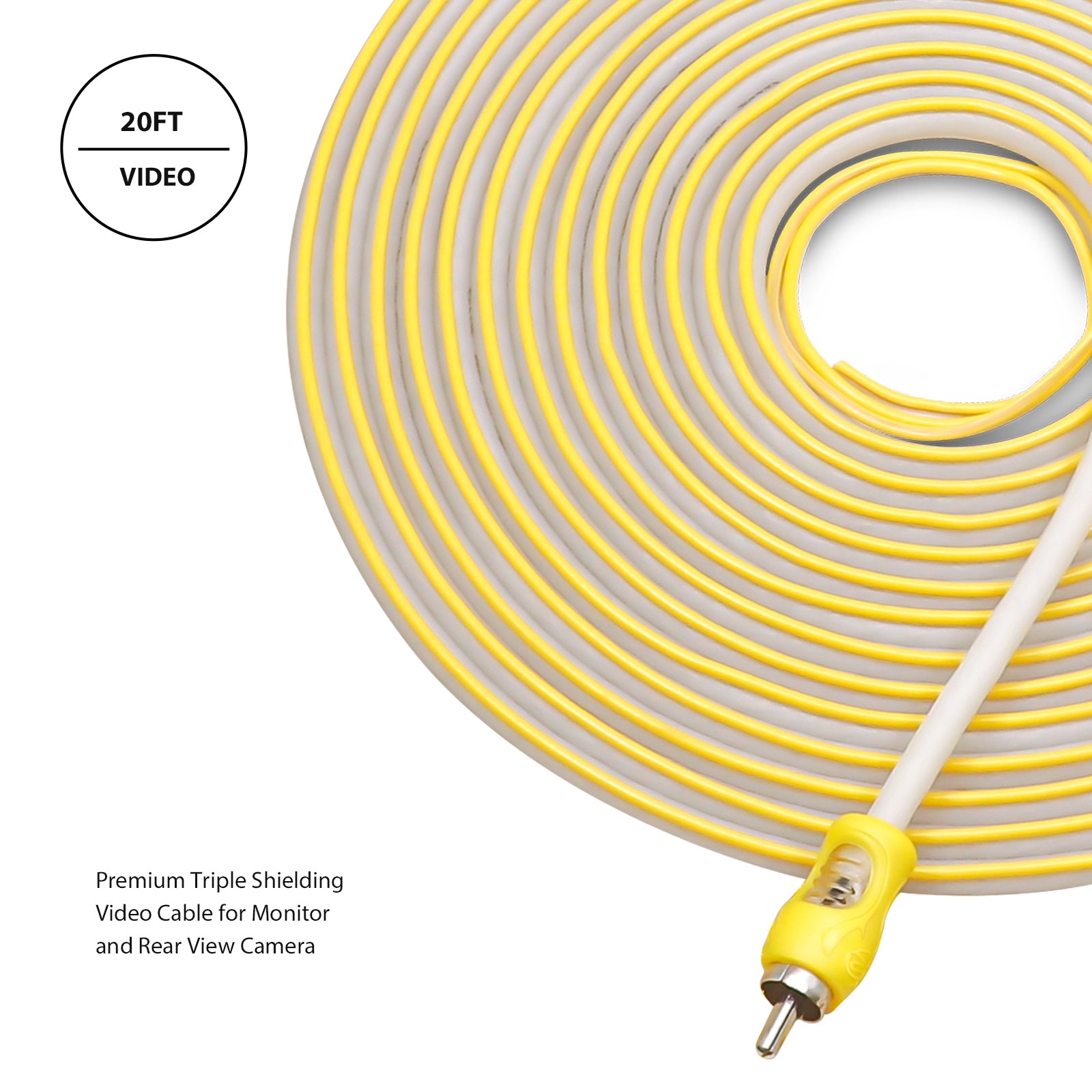 RVI20 - Triple-shielded 20ft Backup Camera Video Cable, Car Reverse Rear View Parking Camera Video Extension Cord with Trigger Wire, Tinned OFC for Tough Environment, Include Female Coupler and DC Cord