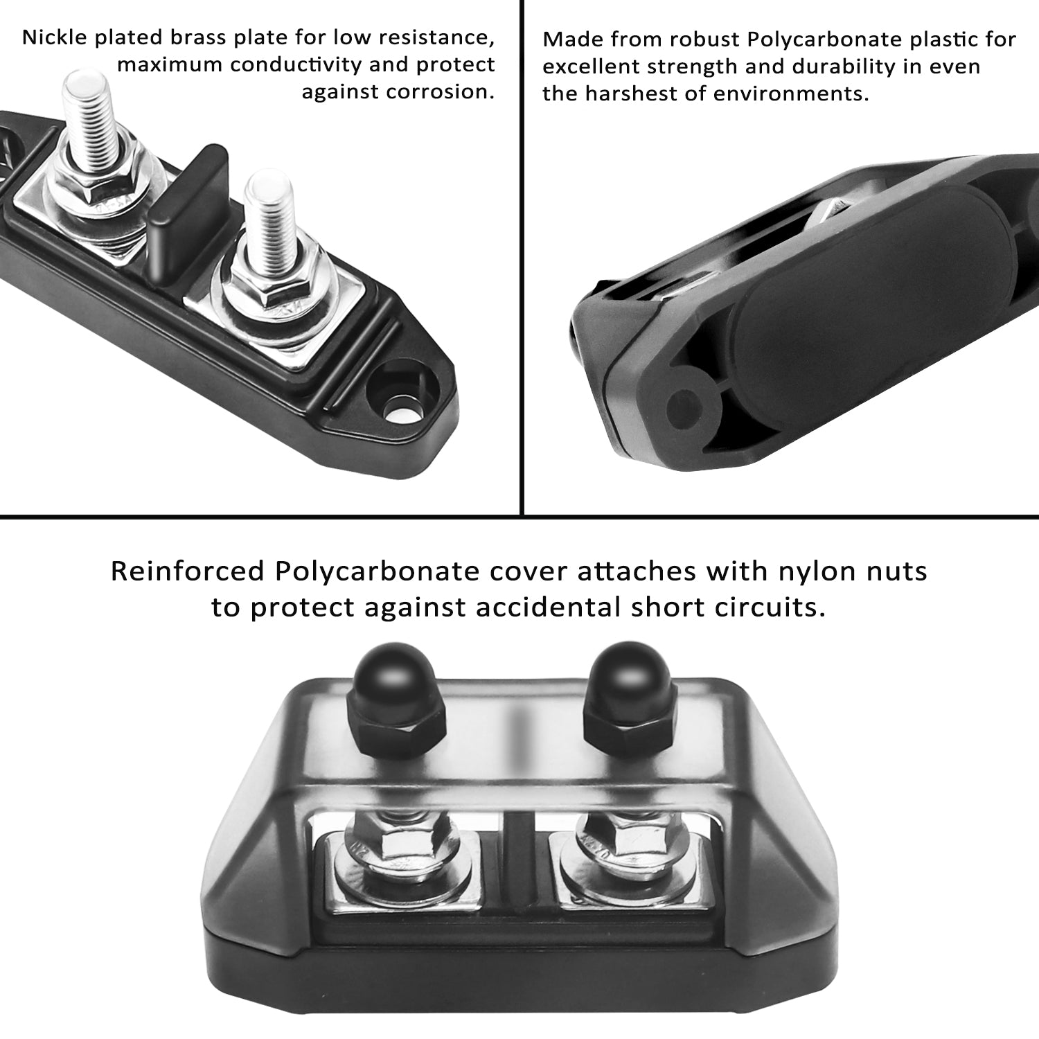 S2PG-14 - Insulated 2 Position Power & Ground Busbar 2 X M5 Studs Terminal Power Distribution Block with Ring Terminals