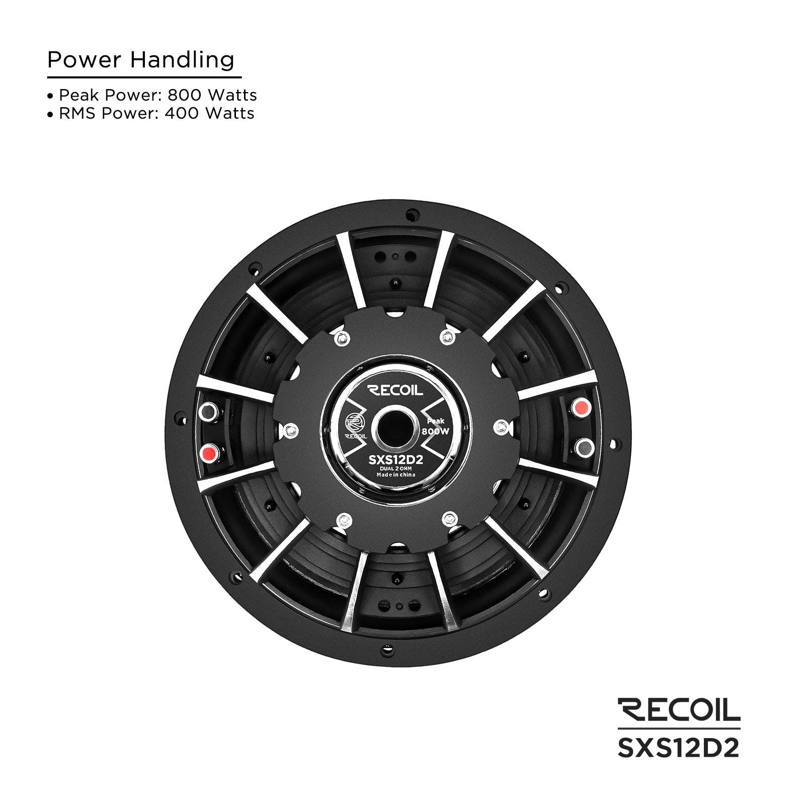 SXS12D2 - Ultra Shallow 12 Inch Subwoofer - 800 Watts Power Dual 2 OHM Voice Coil, 2" Black-coated 6-layer High Temperature Voice Coil